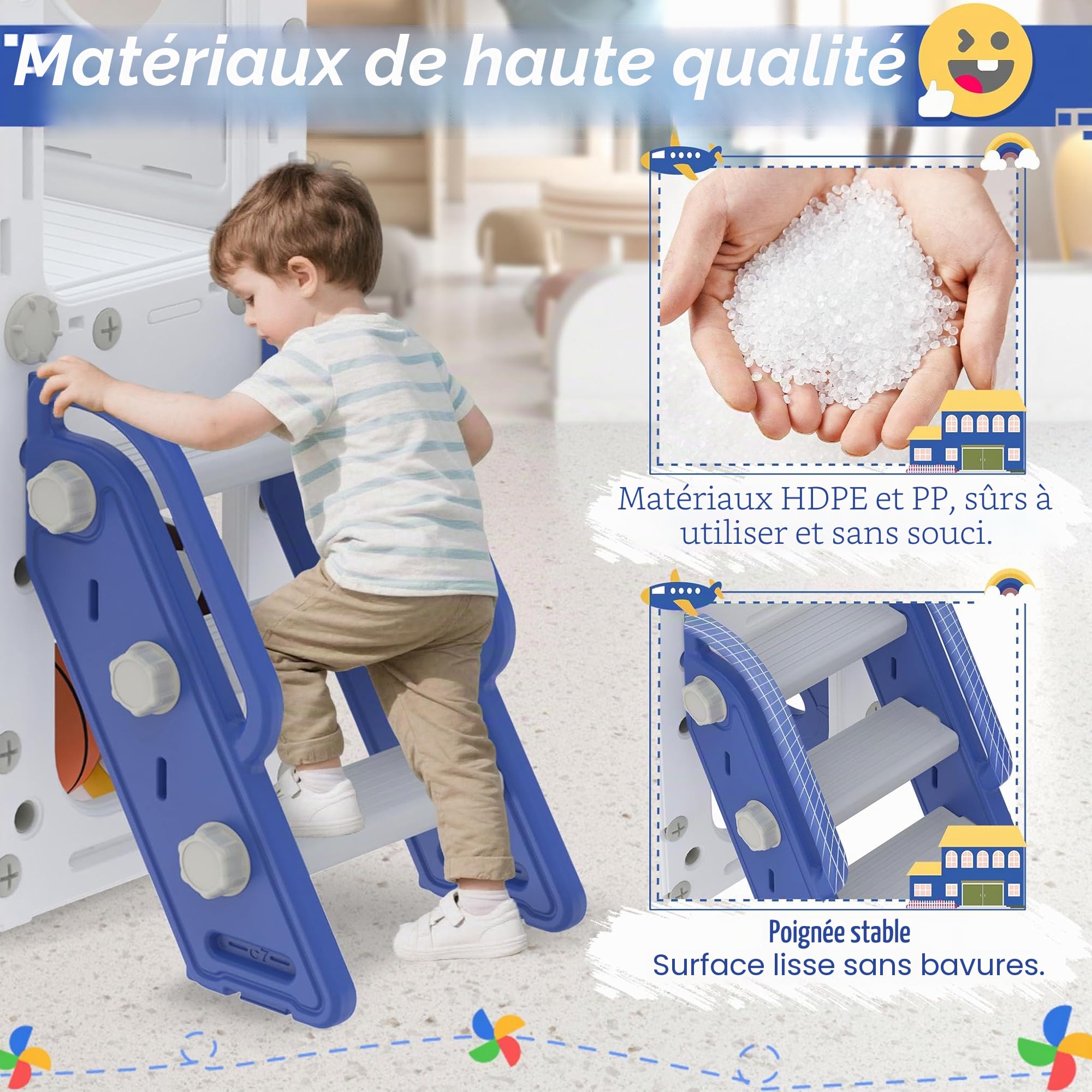 Froadp Toboggan 9 en 1 pour enfants à partir de 1 an, pour l'intérieur et l'extérieur, toboggan autoportant, en polyéthylène haute densité et polypropylène, avec balançoire, échelle d'escalade, tunnel