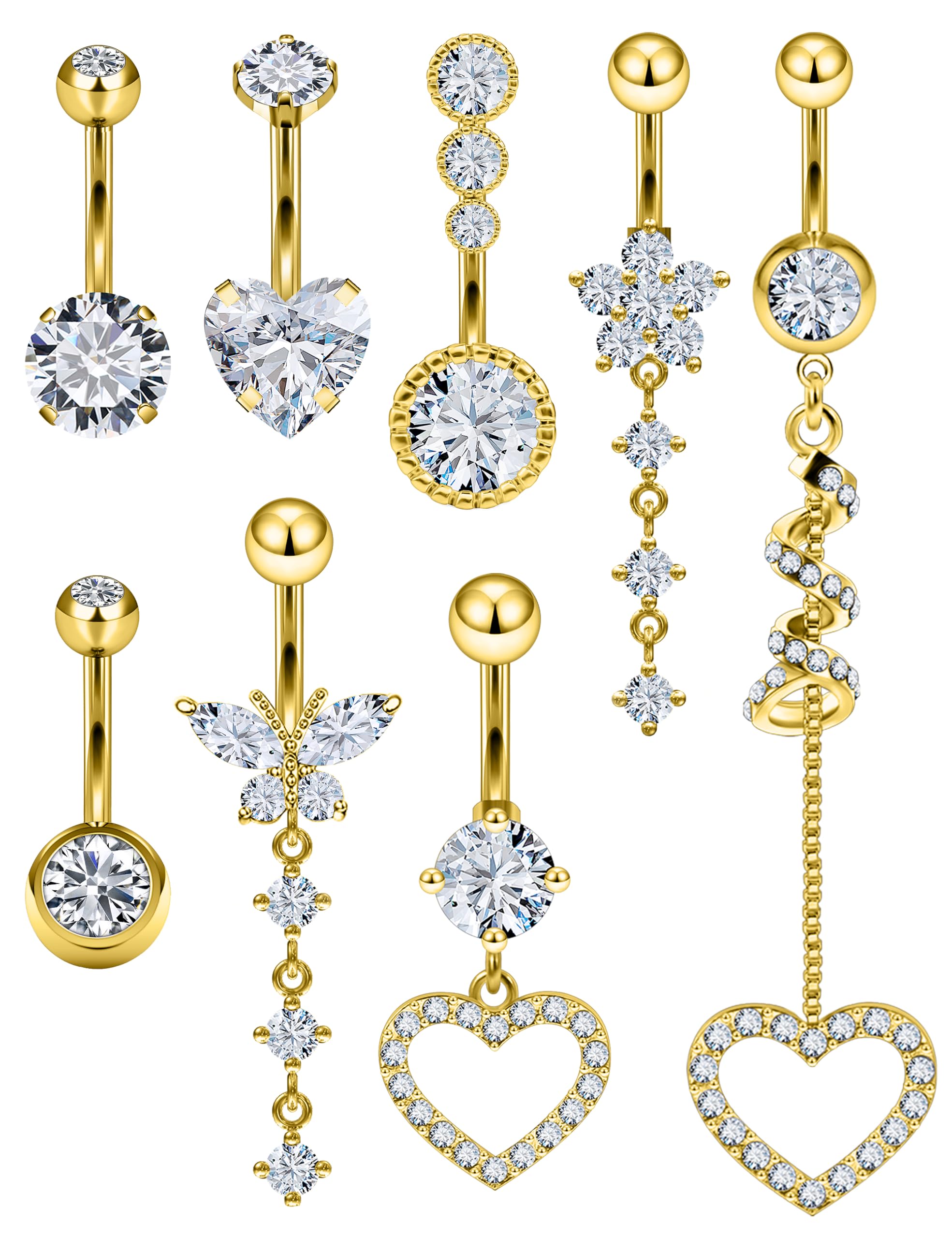 Vsnnsns 14G Dangle Belly Button Ring Piercing Jewelry 316L Stainless Surgical Steel Heart Butterfly Flower Diamond CZ Navel Rings Dangling Belly