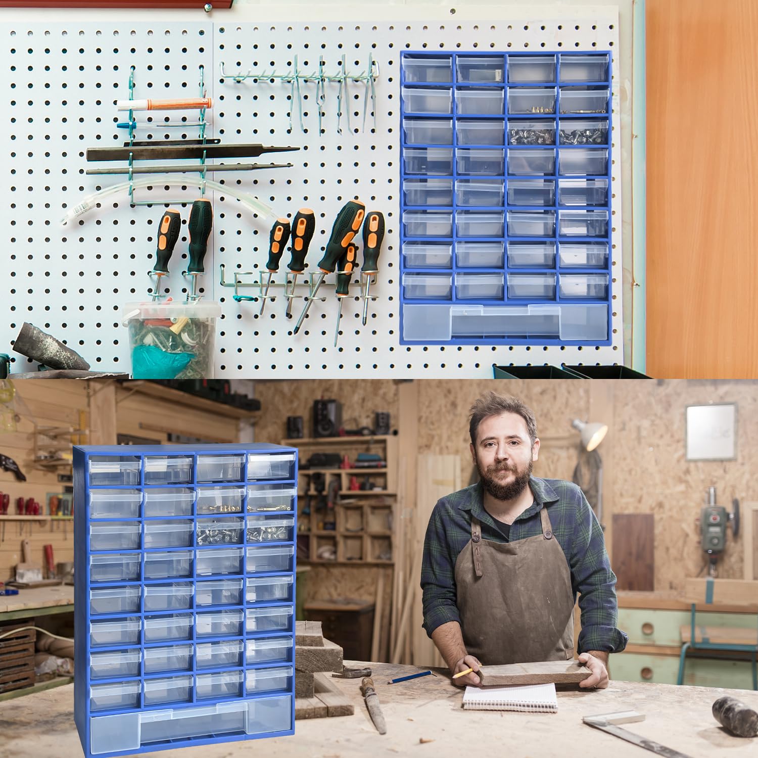 Organizador de piezas pequeñas de plástico de 33 cajones, contenedor de almacenamiento con cajones para hardware, piezas, manualidades, cuentas, 11.8 x 16.1 x 5.2 pulgadas (azul)