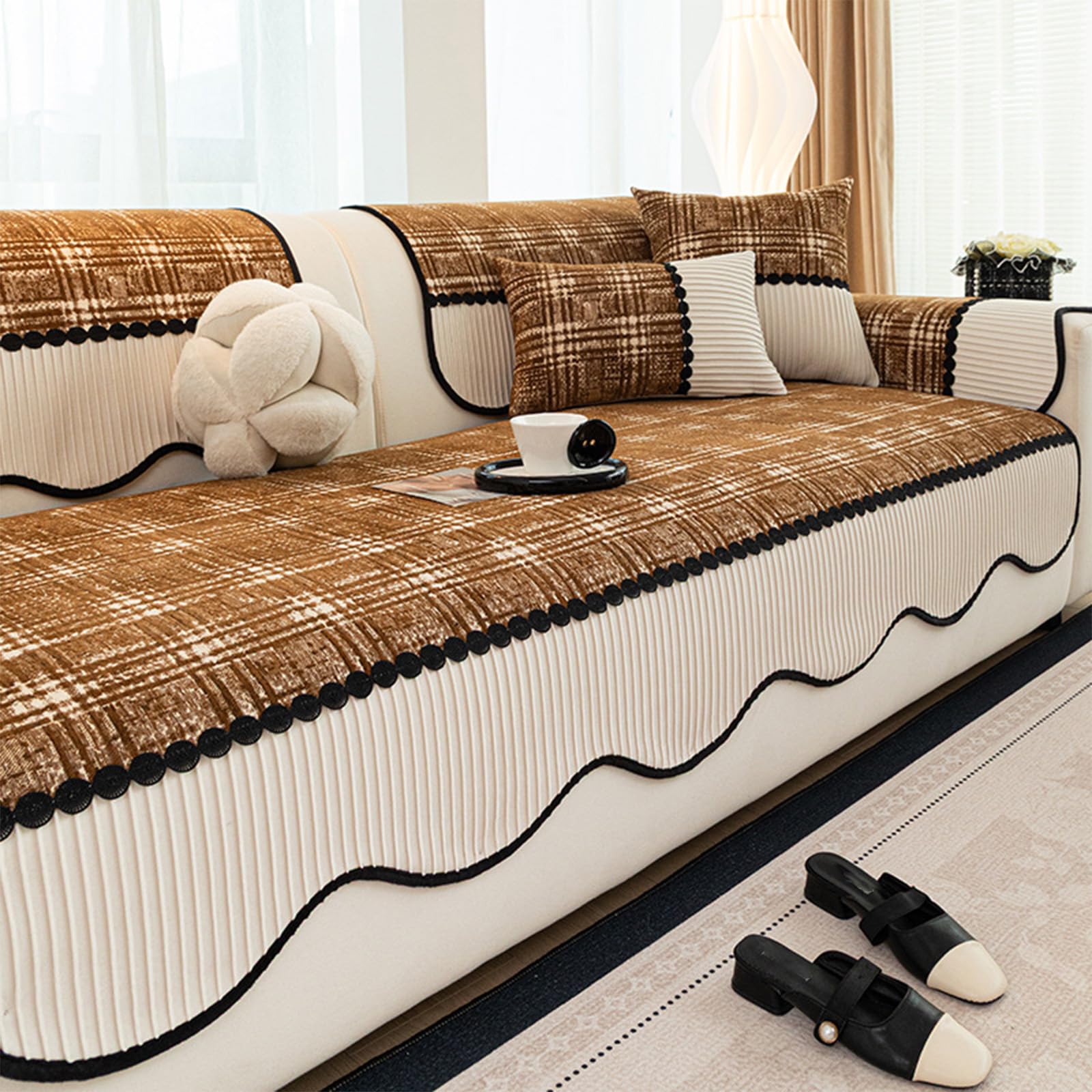 Housse de canape design ondule marron haut de gamme universelle 110x