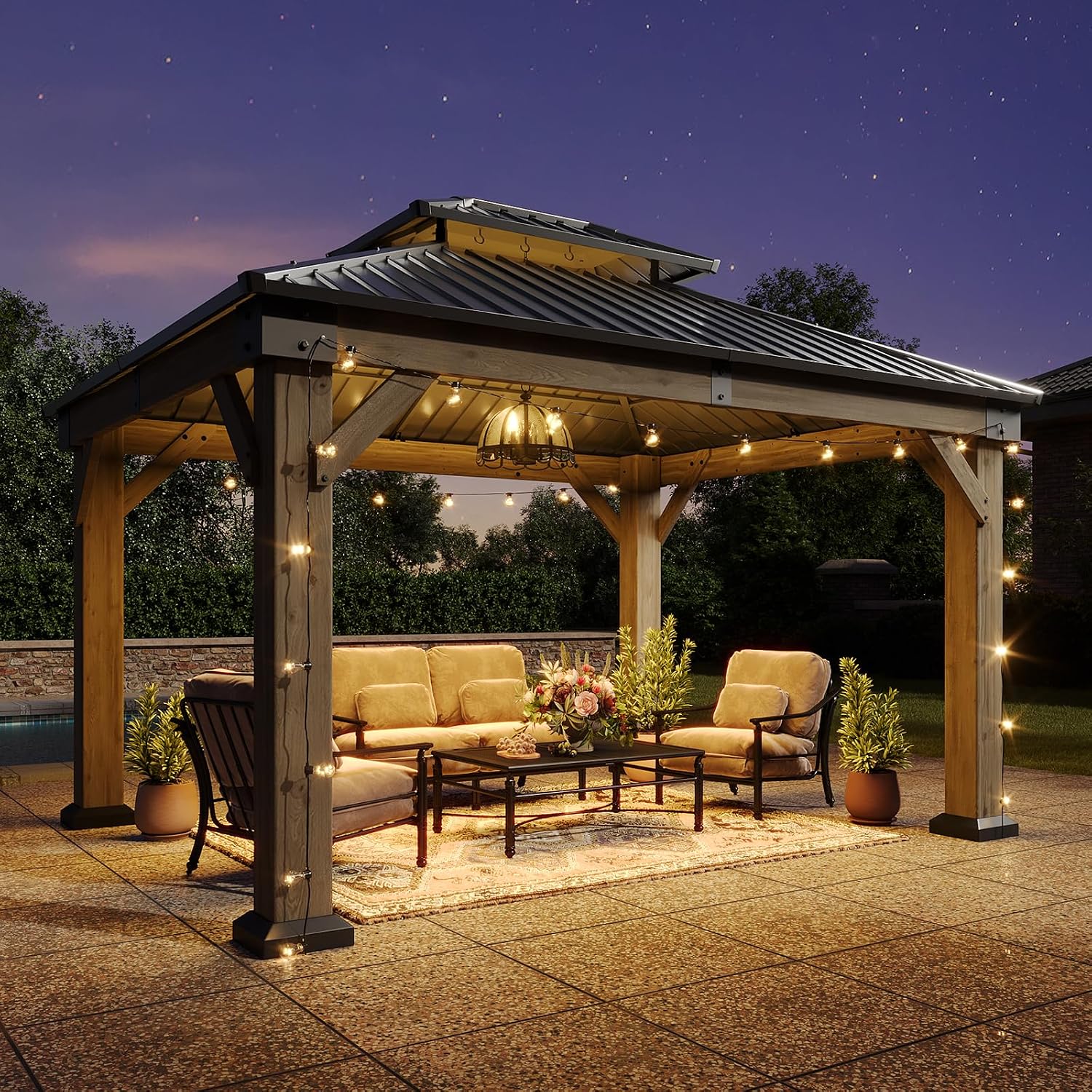 Aoxun 10' x 12' Outdoor Wood Gazebo, Hardtop Gazebo Permanent Wooden Pavilion with Galvanized Steel Double Roof, for Patio, Garden, Deck, Cedar Wood, Grey