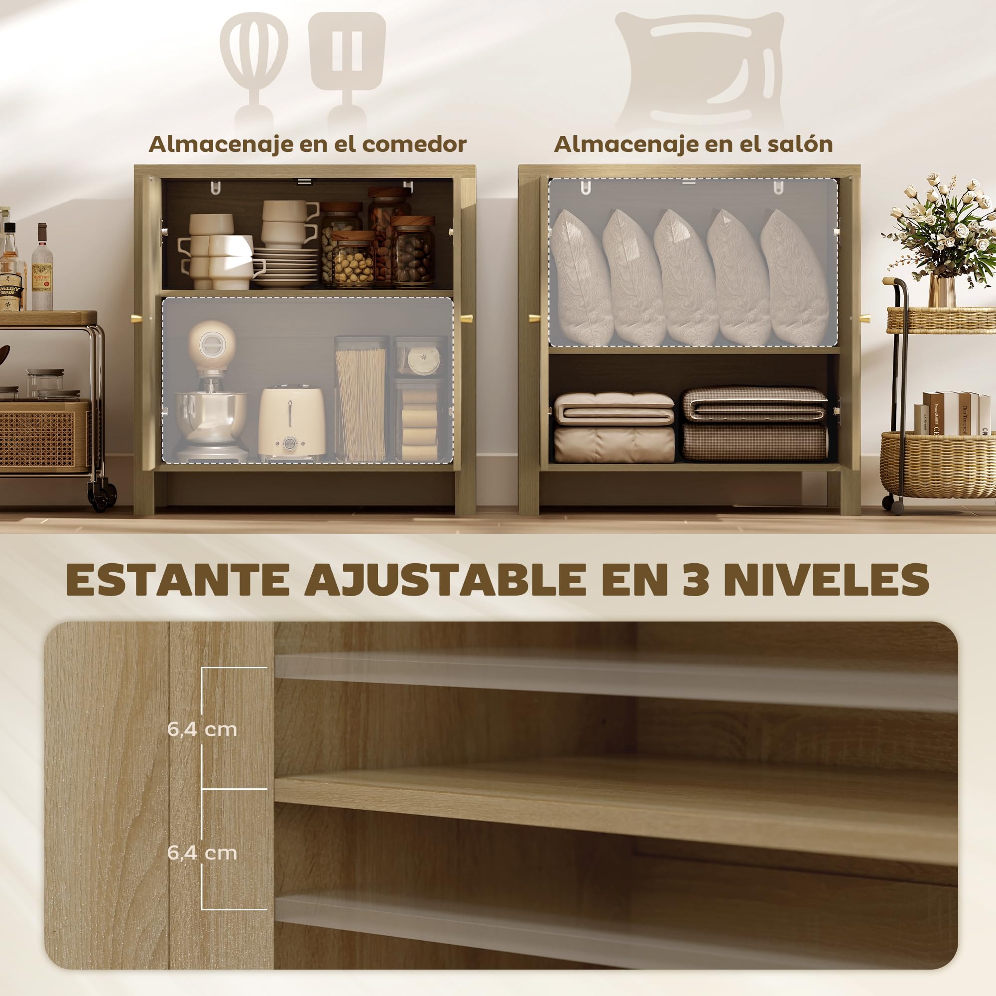 HOMCOM Aparador de Cocina con 2 Puertas Buffet 75x38x77 cm Madera Natural | Ratán Sintético, Mueble Auxiliar de Cocina, Estante Ajustable, 2 Tiradores, para Comedor, Salón, Muebles