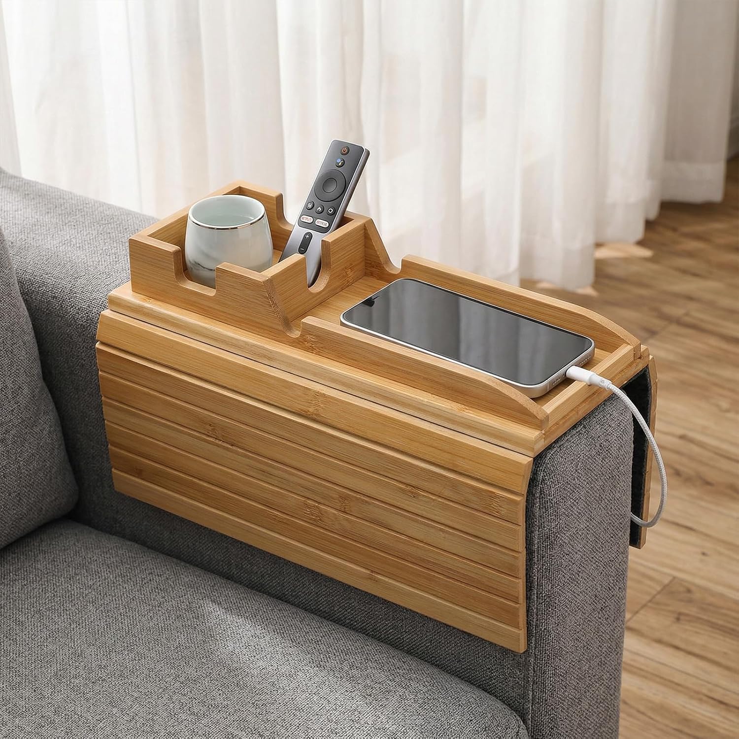 Couch Cup Holder Tray Arm Trays with Detachable Couch Cup Holder 3 in 1 Bamboo Sofa Armrest Tray Anti-Slip Foldable Sofa Armchair Caddy Table for Drinks Cellphone TV Remote Snacks