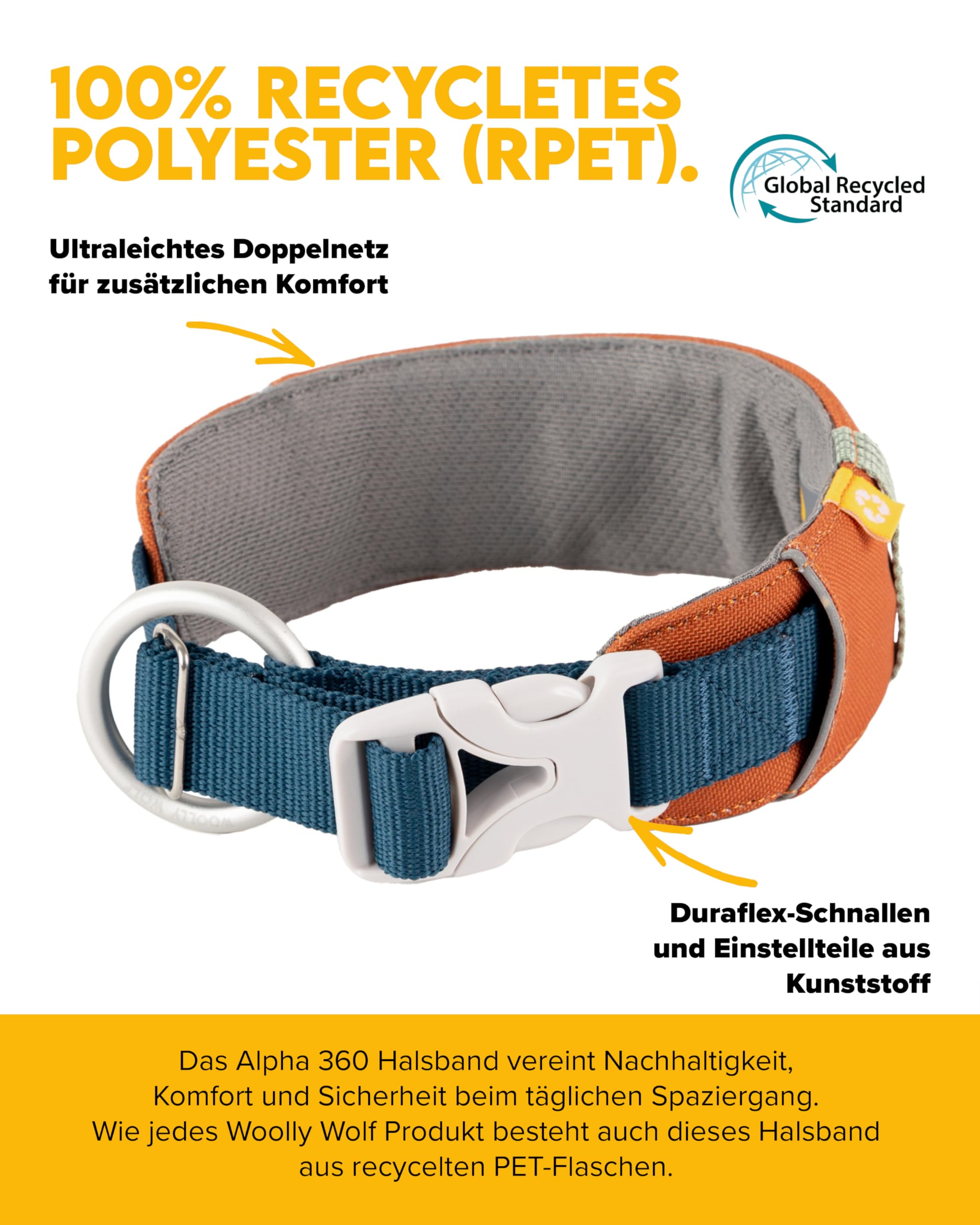 Woolly Wolf Alpha 360 LED Hundehalsband kleine Hunde S Terracotta Mix – Halsband aus 100% recyeltem Polyester mit sanfter, Ultra-Leichter Mesh-Polsterung