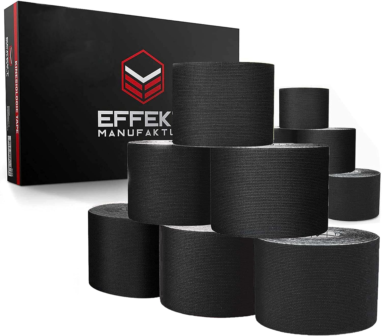 Effekt Manufaktur Cinta Kinesiológica Impermeable (5 m x 5 cm), 12 Rollos - Cinta Elástica para Soporte Muscular y Recuperación de Lesiones, Cinta Médica, Cinta Cinética (Negro)