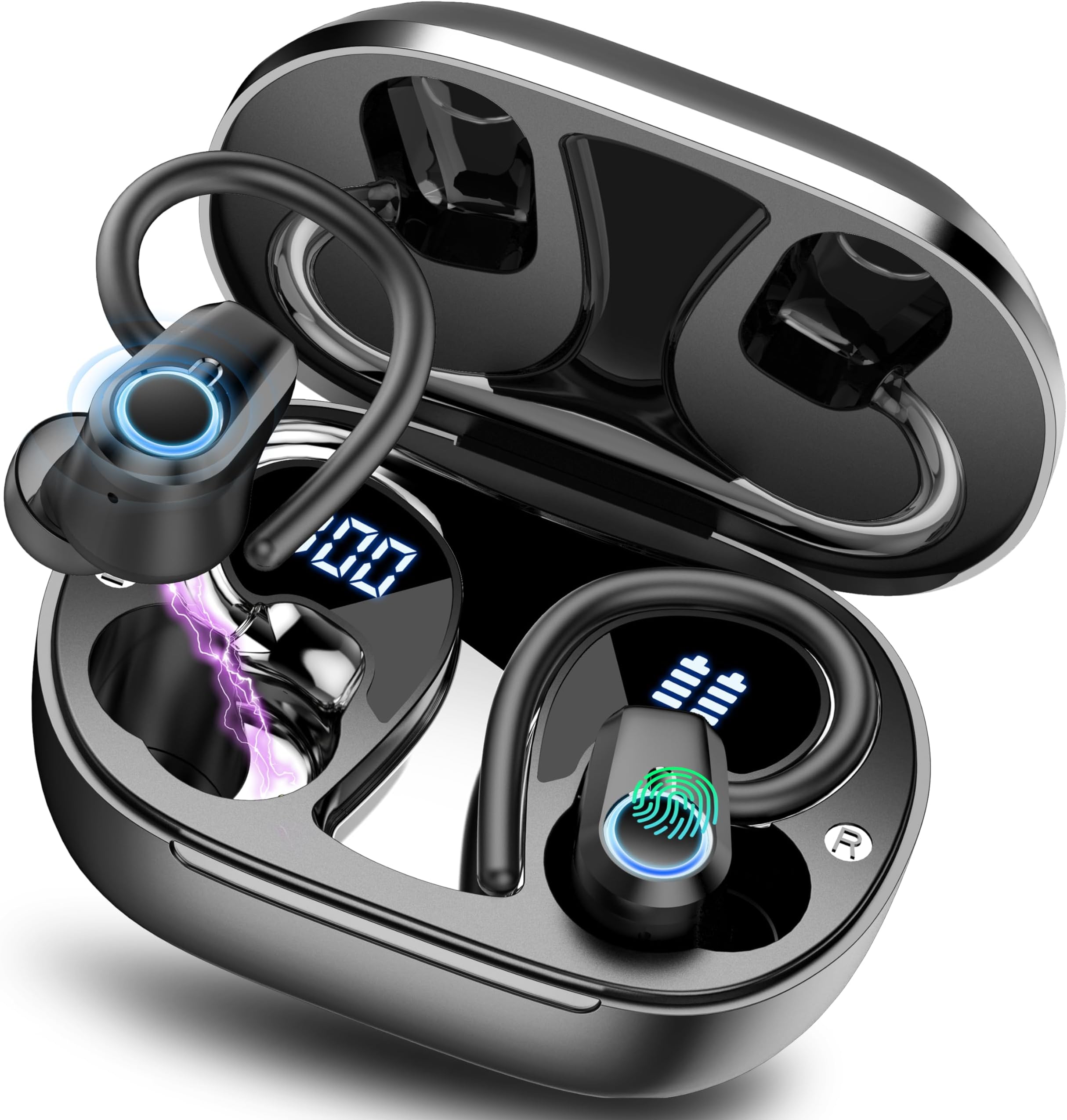OYIB Wireless Earbuds Sport, Bluetooth 5.3 Headphones with Stereo CVC8.0 Noise Cancelling Mic, 50H Deep Bass Wireless Earphones with EarHooks, LED Display, IP7 Waterproof Headset for Running Sport