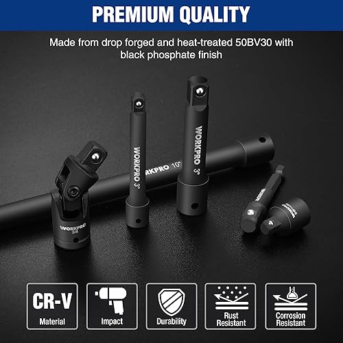 Miniatura 8 de WORKPRO Juego de accesorios de herramientas de accionamiento de 15 piezas, incluye juego de extensión de adaptador de enchufe, barra de extensión de