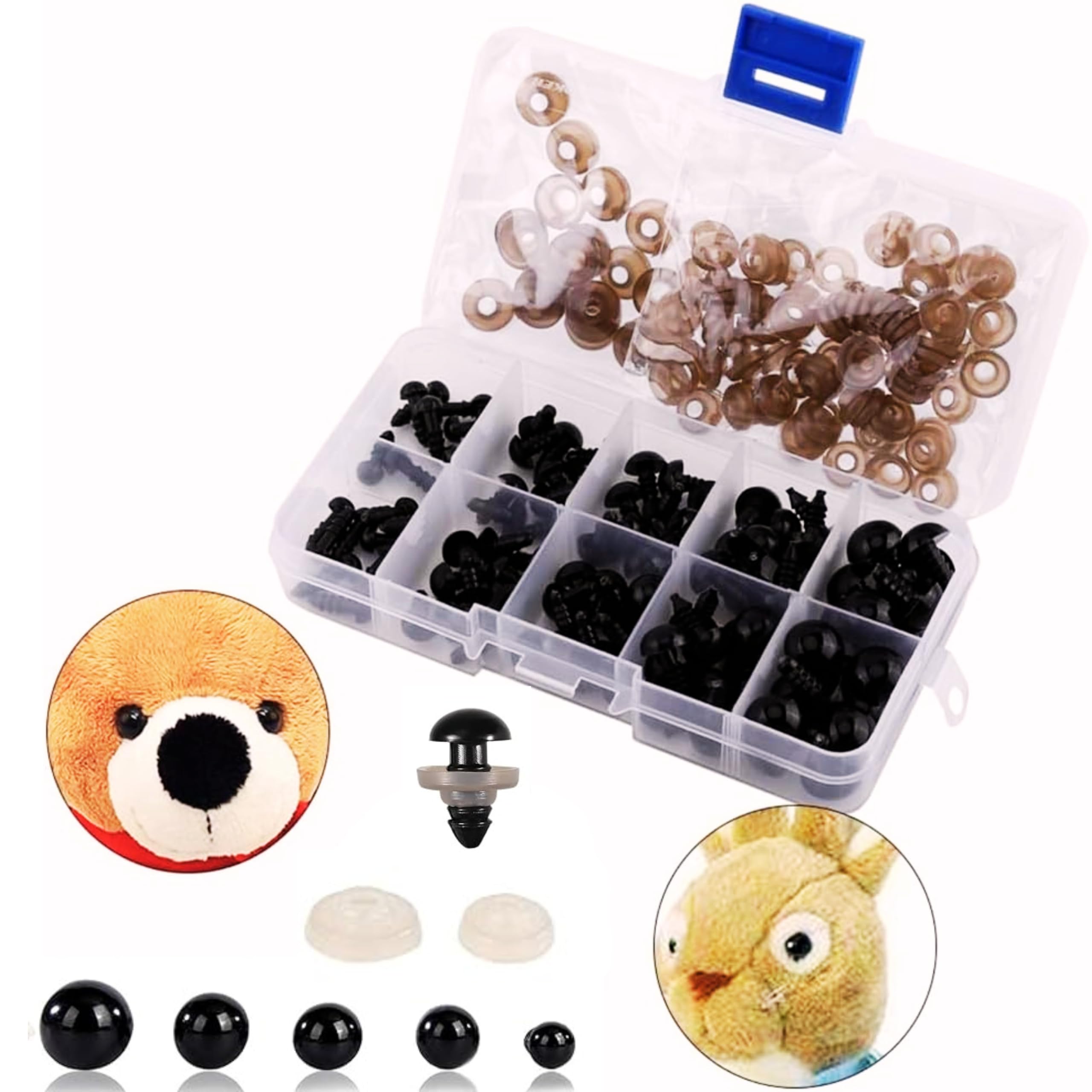 100 pcs Plastic Black Pet Safety Eyes 6-12 mm,100 pcs Washers/Disk for Stuffed Dolls Amigurumi Plush Animal Crochet Projects Teddy Bear Puppet Toys DIY Crafts | 5 Sizes with Grid Storage Box-image-44