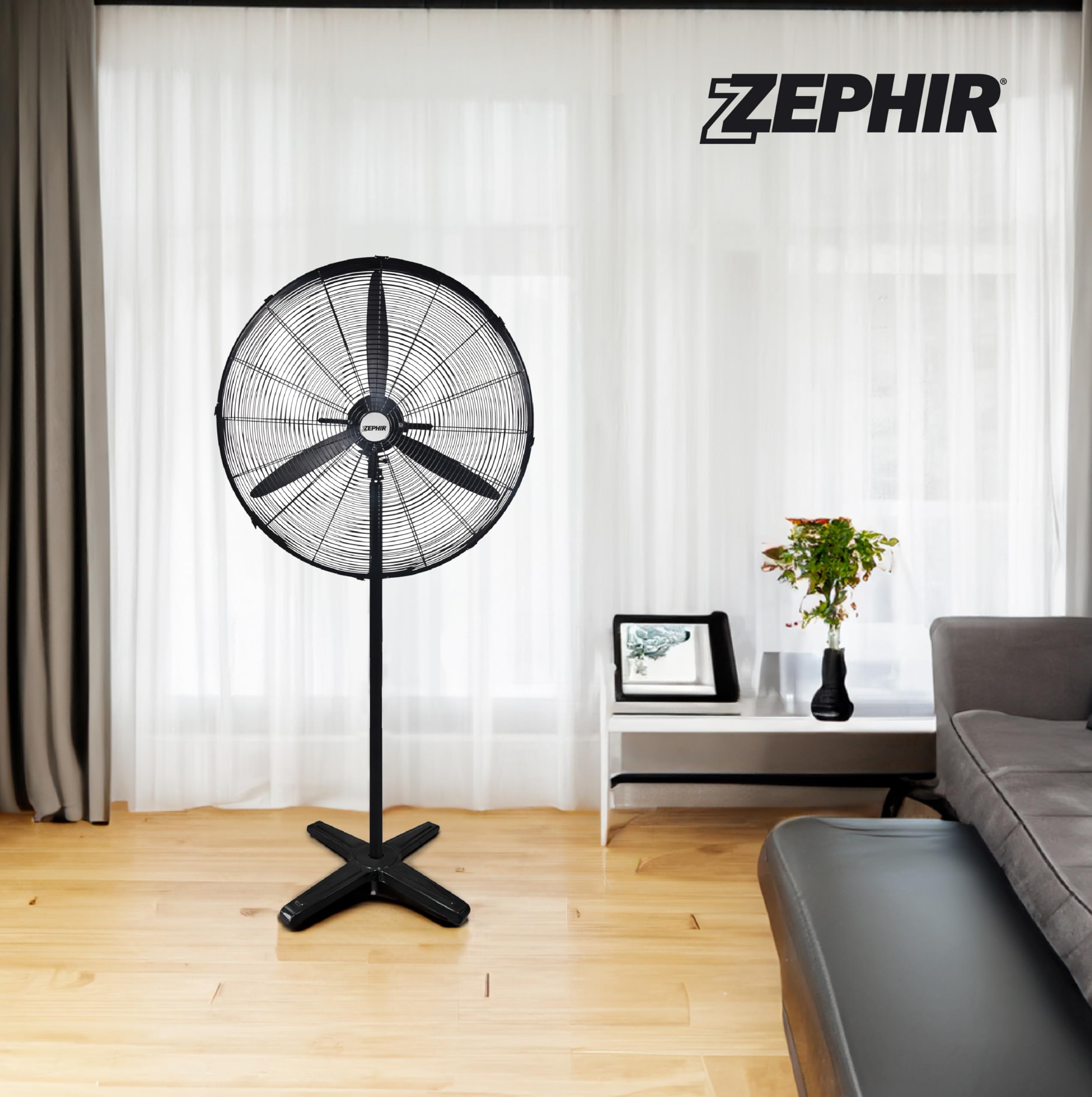 Zephir, Ventilatore Industriale a piantana, Diametro 65cm, 3 velocità, 3 Pale in Alluminio, Oscillazione a 70°, Dispositivo antisurriscaldamento, Altezza max.150cm, Potenza 120W