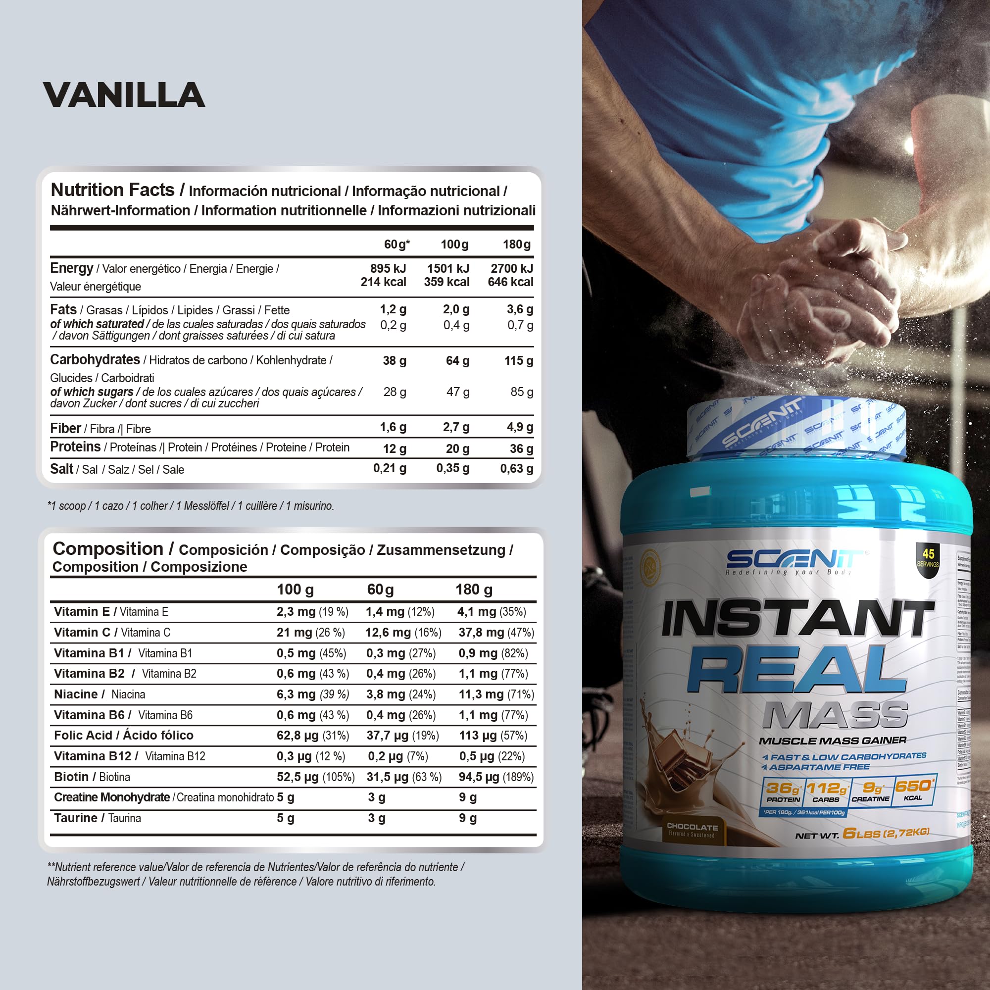 Instant Real Mass - 2,72 kg - Mass Gainer - Weight Gainer - Mass Gainer Protein - Gainer Kohlenhydrate Pulver - Gainer mit Creatin (2,72 kg, Vanille)