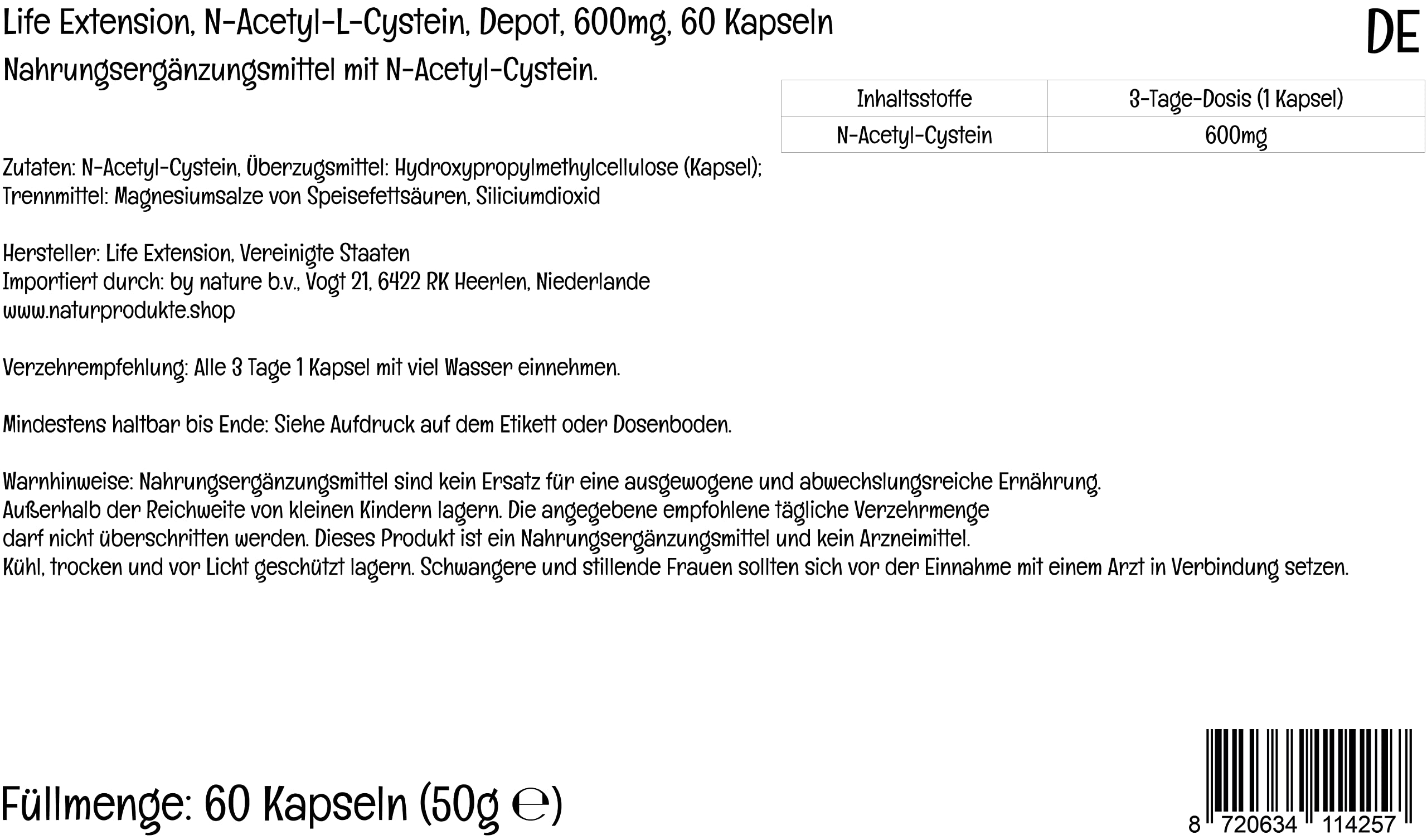 Life Extension, N-Acetyl-Cysteine (NAC), 60 vegane Kapseln, 600mg Acetyl-L-Carnitin je Dosis, Glutenfrei, Sojafrei, GMO frei, Geschmacksneutral (Packung mit 2)