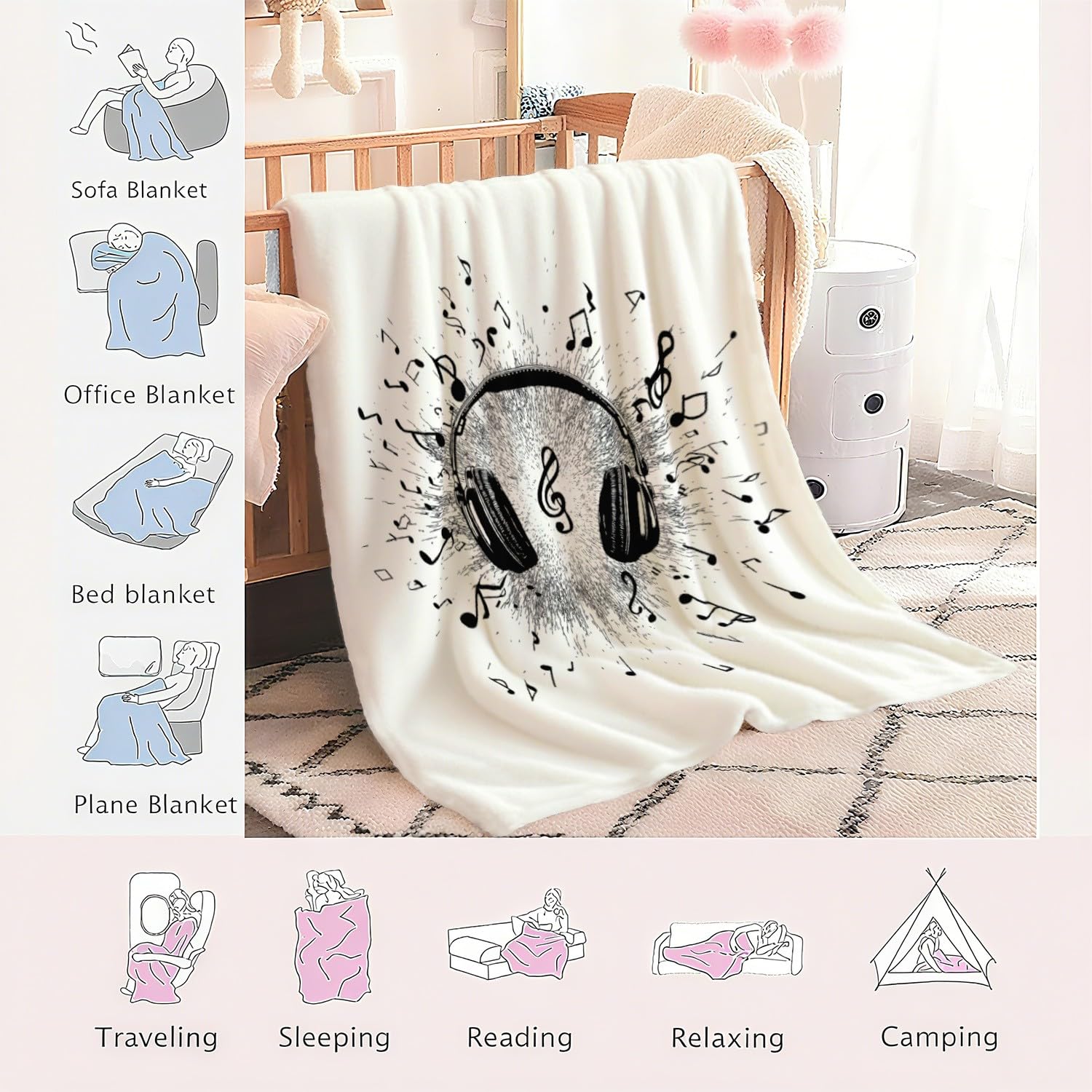 Genérico Manta de Franela Manta de Cama de Doble Cara y Extra Gruesa Frazada de Sofá Ligera y Suave al Tacto Mullida y Térmica 200 x 240 cm Genial Música Auriculares Negro