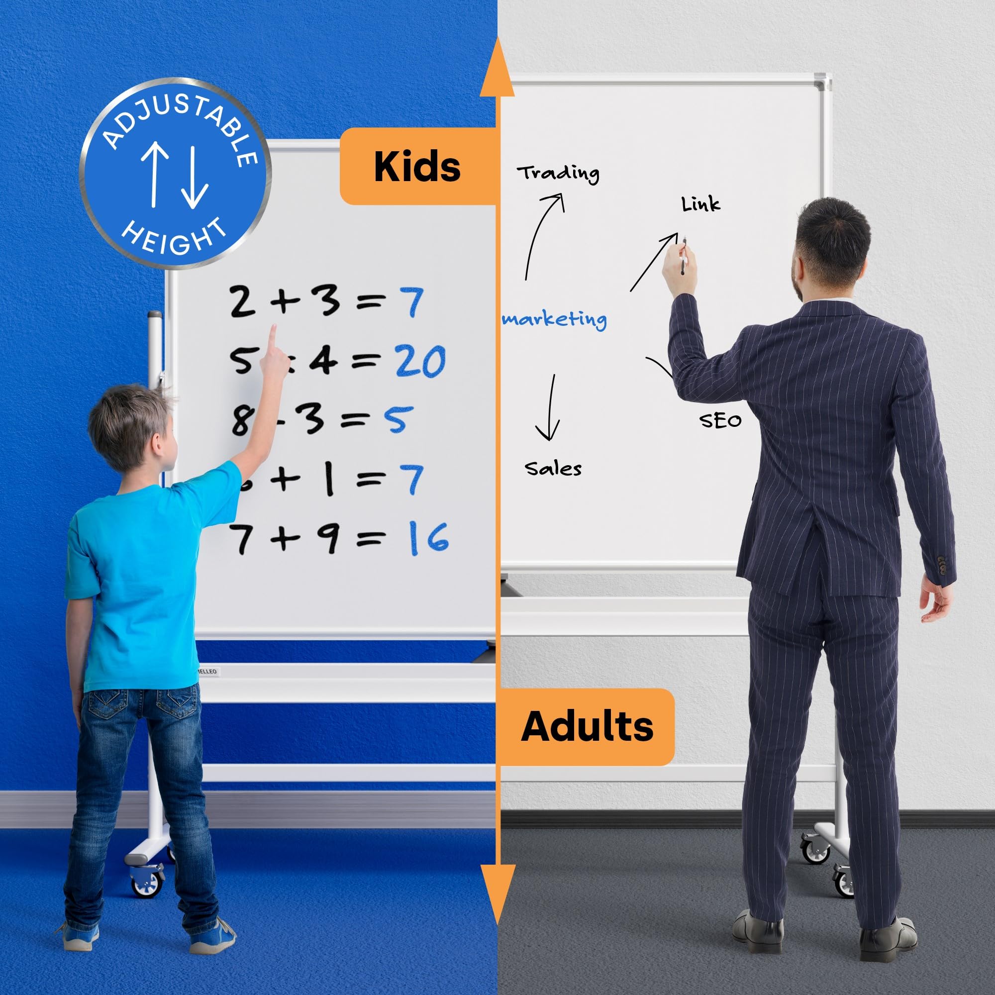 Schäfer Shop Select Verrijdbaar Whiteboard - Aan 2 Zijden Te Gebruiken Wit Gelakt Draaibaar Bord 4 Zwenkwielen H 900 X B 1200 Mm 3 Delige Magneetlijstset