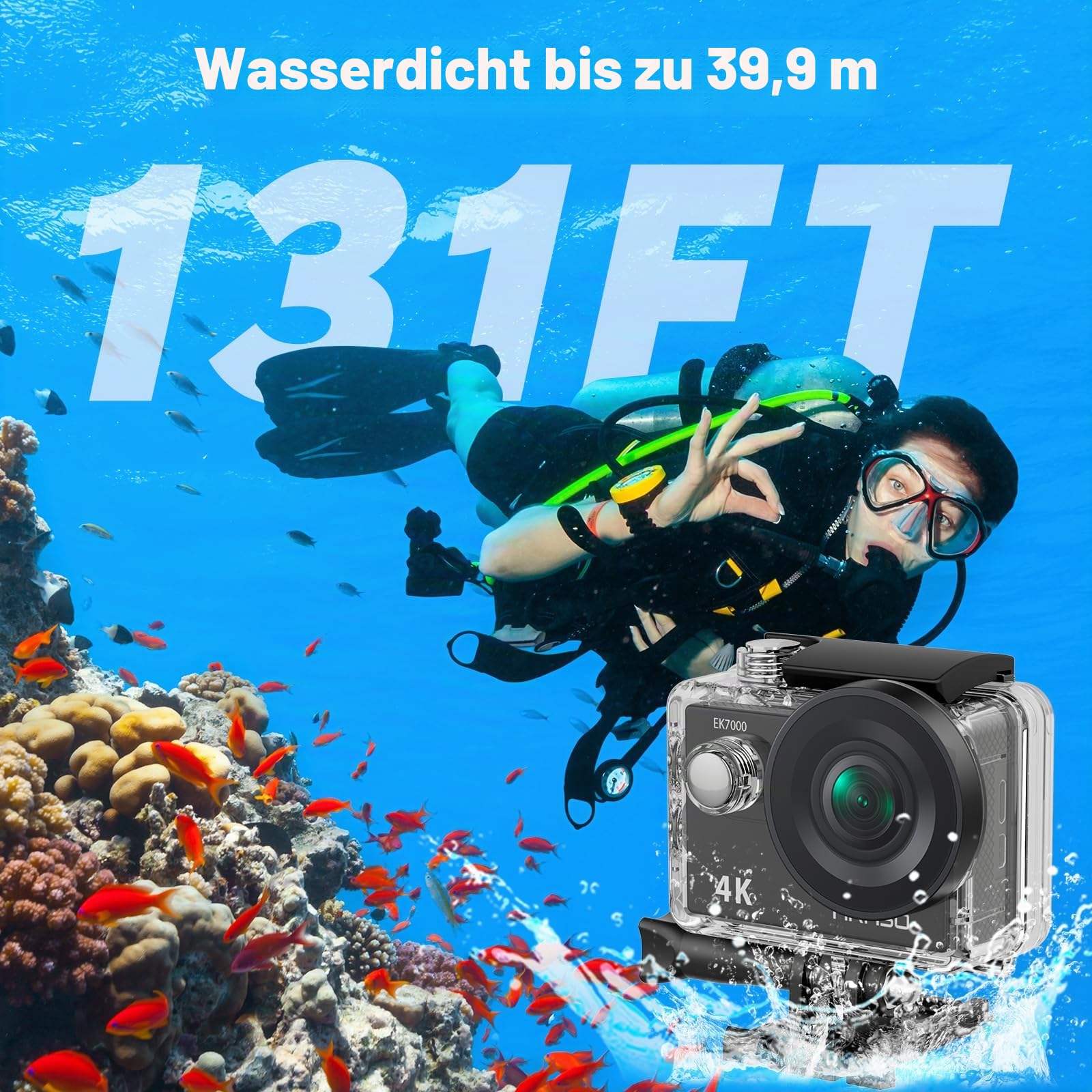 AKASO EK7000 Action Cam 4 K WiFi Wasserdicht 30 m mit Karte 64 GB, Unterwasserkamera WiFi 20 MP, externes Mikrofon, Fernbedienung, 2 Batterien 1050 mAh, Sportzubehör