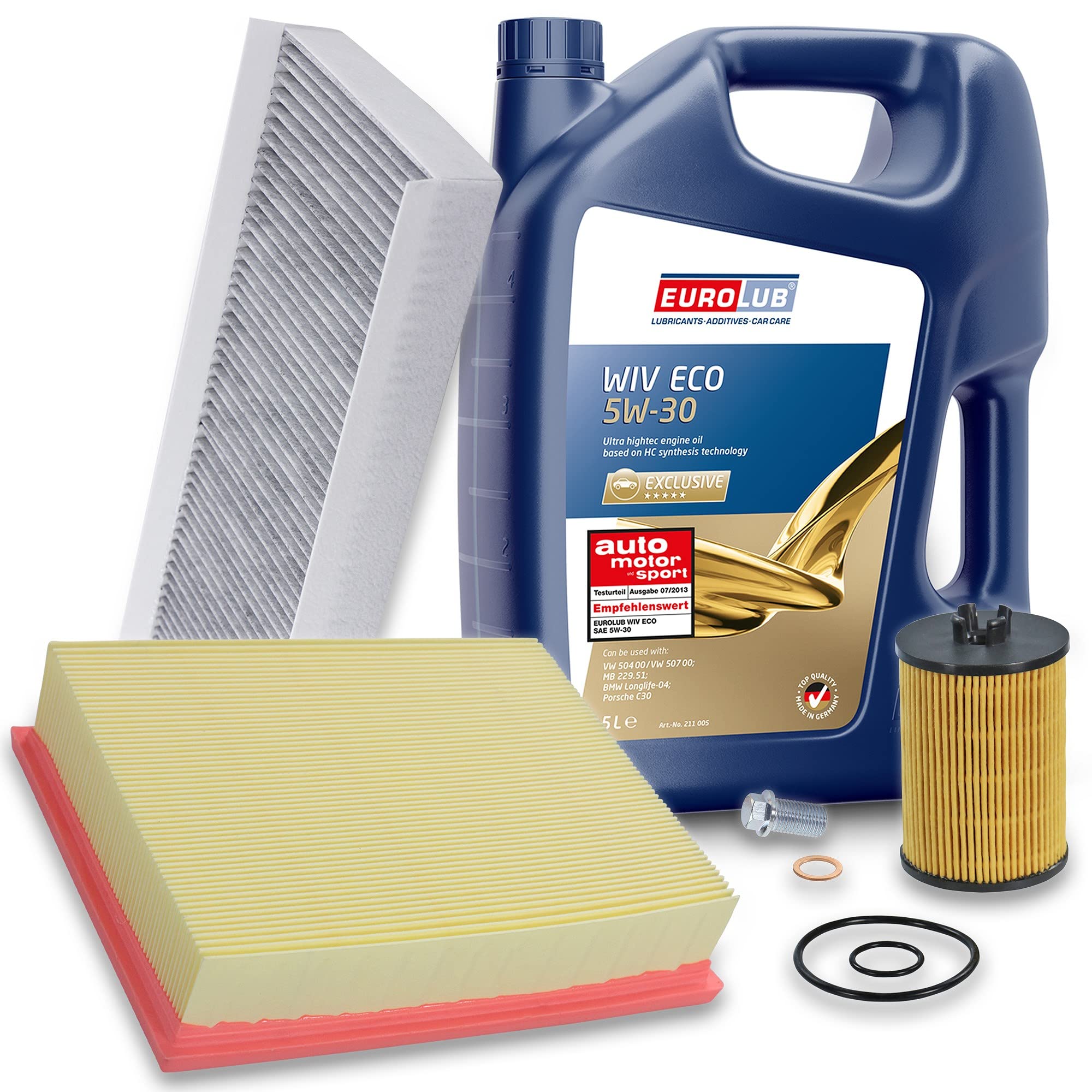 BESTPRICE Inspektionspaket Filterset mit 1x Ölfilter, 1x Luftfilter, 1x Innenraumfilter, 1x Ölablassschraube, 1x Motoröl 5W-30 WIV ECO SAE 5 l, KOMPATIBEL MIT - MERCEDES A-Klasse, B-Klasse
