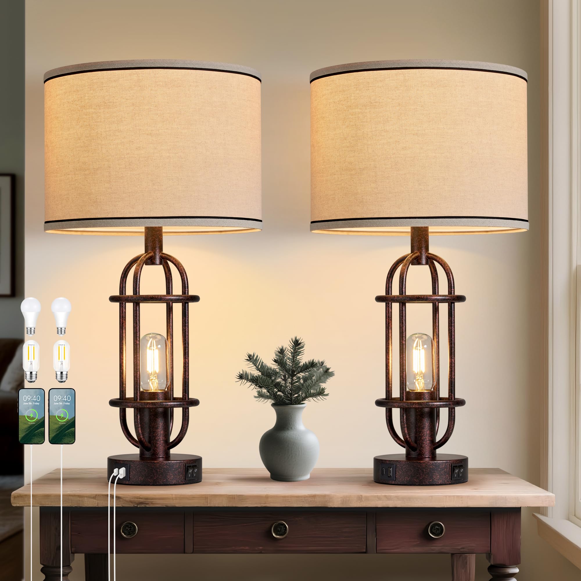 Photo 1 of Reaketon 22.3" Table Lamps for Living Room Set of 2, Farmhouse Lamps for Nightstand, Vintage Table Lamps for Bedroom with USB Ports, Bulbs Included