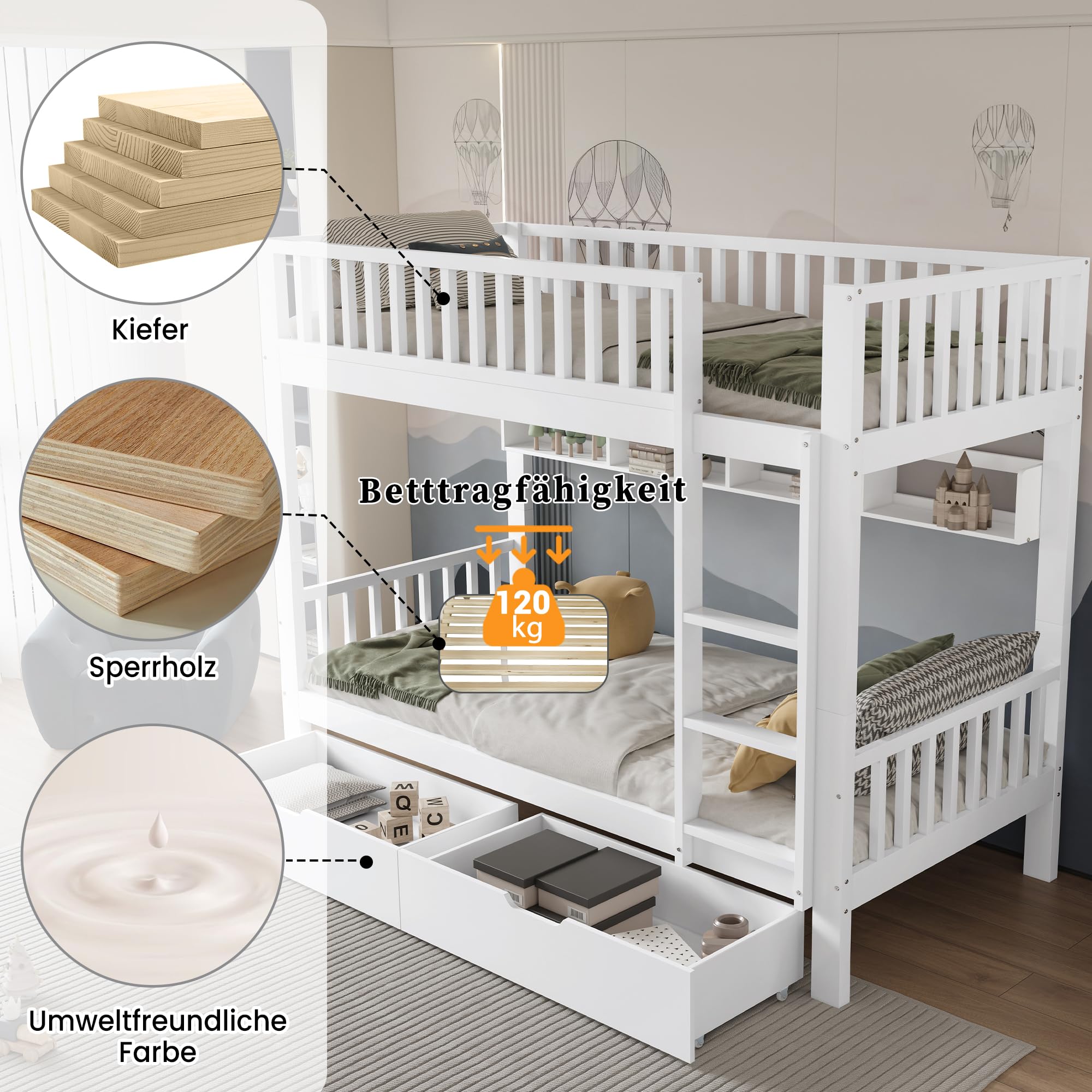 Oyemige Letto a Castello 90x200 cm, Letto per Bambini con 2 Cassetti, Letto Matrimoniale con Parapetto e Scala Ad Angolo Retto, Struttura In Pino, con Parapetto, Rete a Doghe, Bianco, Senza Materasso