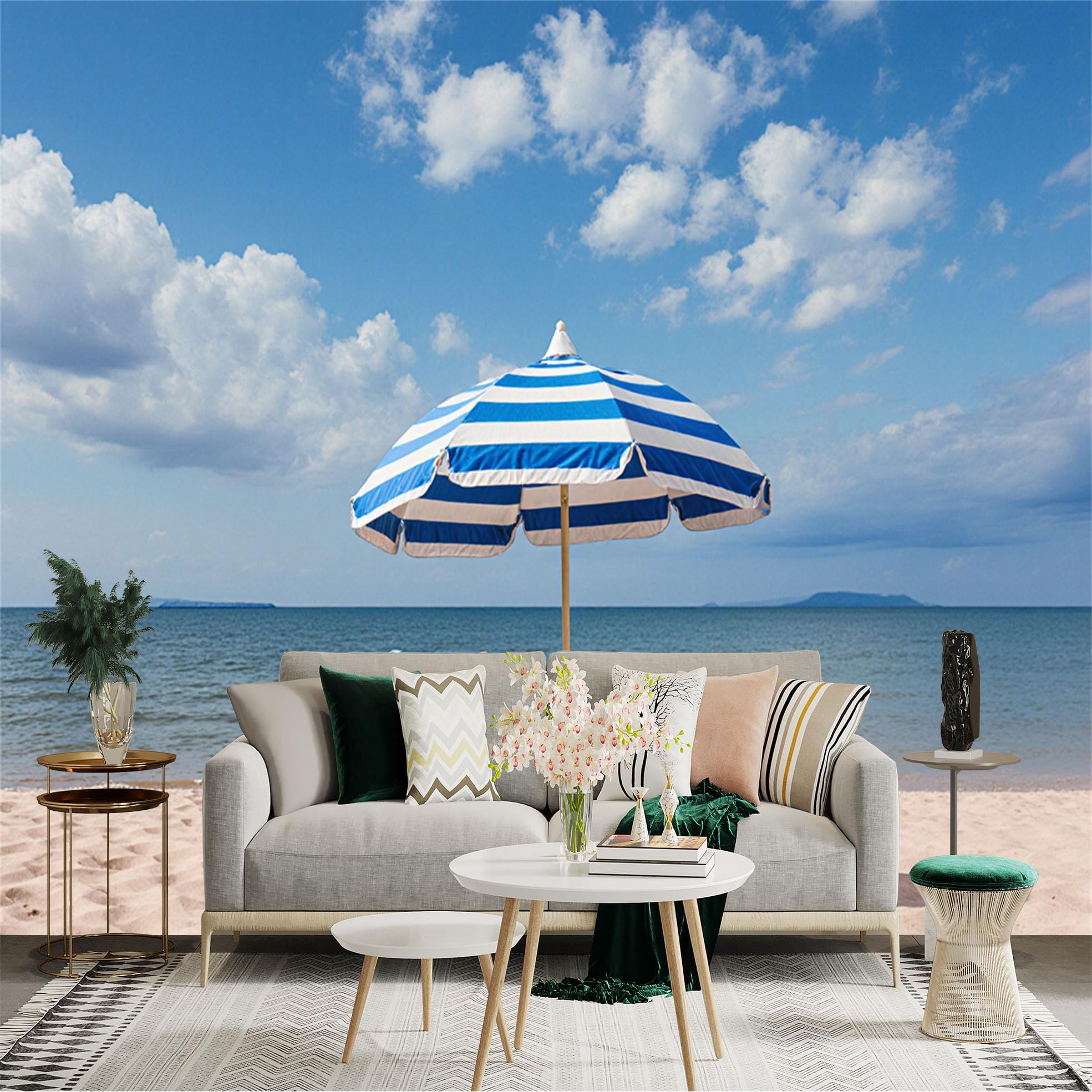 Lnzczhyre Xc260505608 Custom Size Wall Sticker Mural， Blue Striped Beach Umbrella， Wooden Lounge Chair， Sunny Tropical Seashore， Calm Ocean Horizon， For Wall Decoration， Peelandstick Wall Decals.