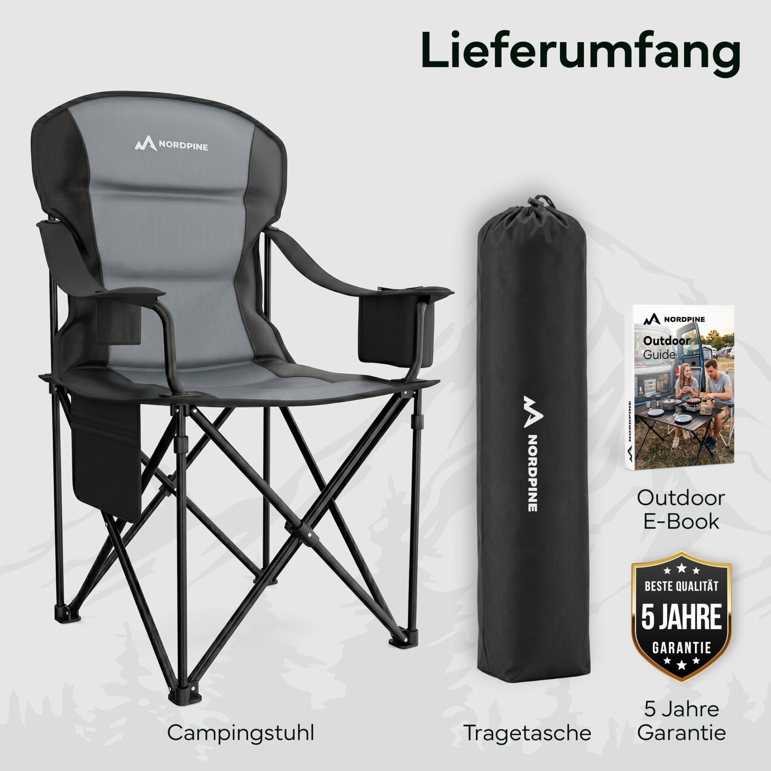 Campingstuhl faltbar bis 250 kg – Stabiler Klappstuhl Camping mit Kühltasche & Getränkehalter – Premium Polsterung & XXL Sitz – Robust & Bequem – Angelstuhl Gartenstuhl inkl. Tragetasche