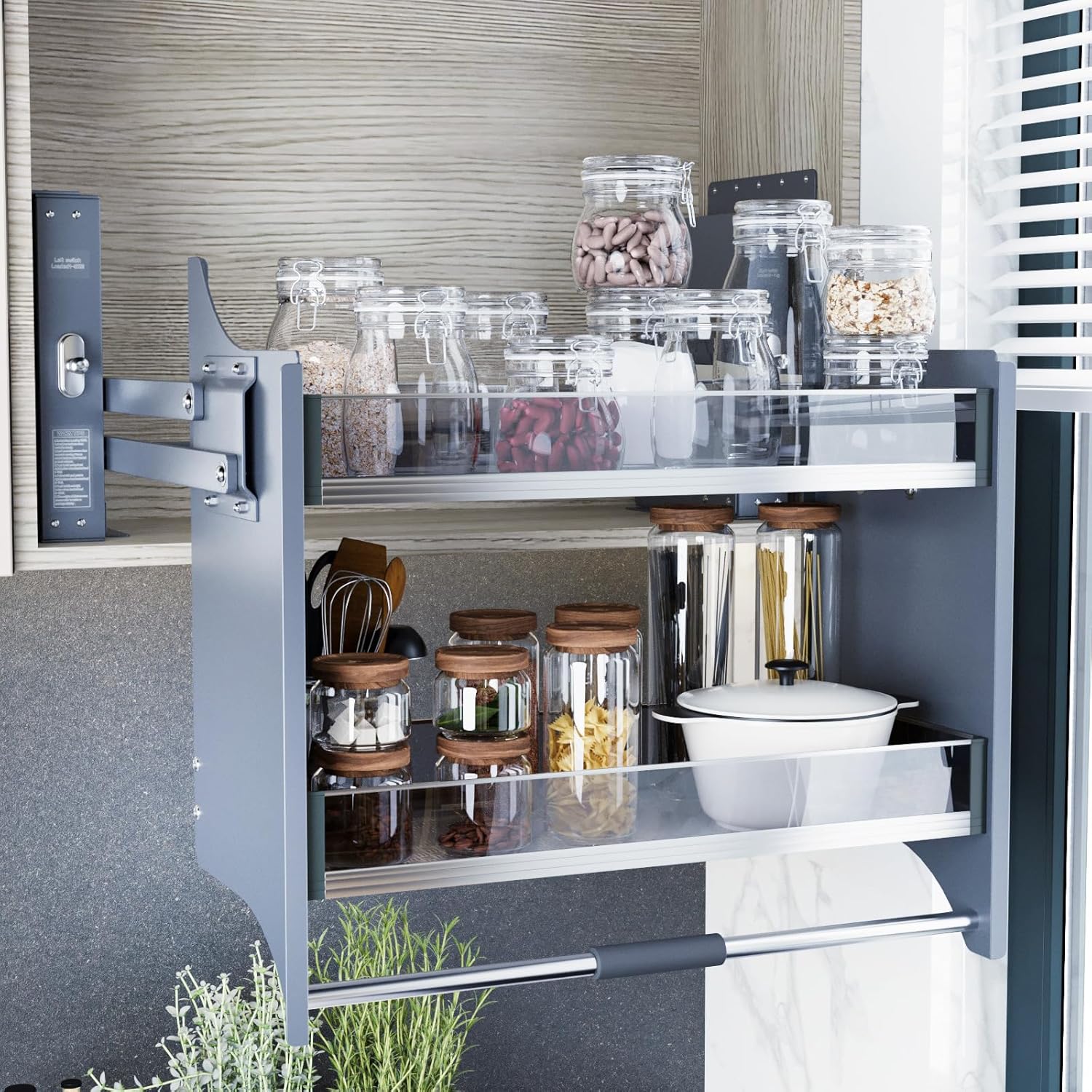 Pull Down Heavy Duty Shelf Organizer for Kitchen Upper Cabinet, 2-Tier Pull Down Cabinet Organizer, Adjustable Width of 30-32 Inch, Grey