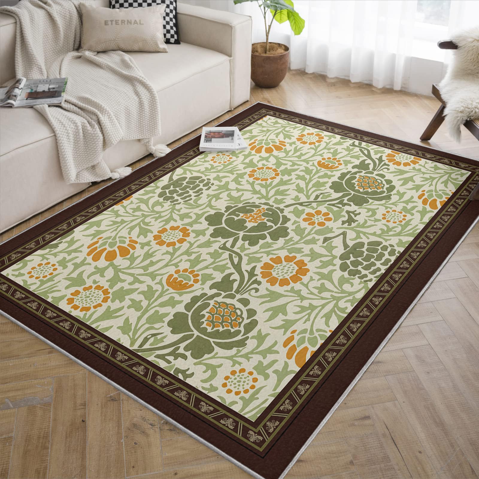 Tapis de Zone Vert Sauge 200x300 pour Le Salon Cuisine Lavable Floraux orientaux à imprimé bohème Doux antidérapant Fin d’intérieur Grand Chambre Salle Manger Jeux Bureau.