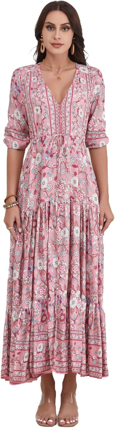 Women Short Sleeve V Neck Floral Print Casual Bohemian Maxi Dresses