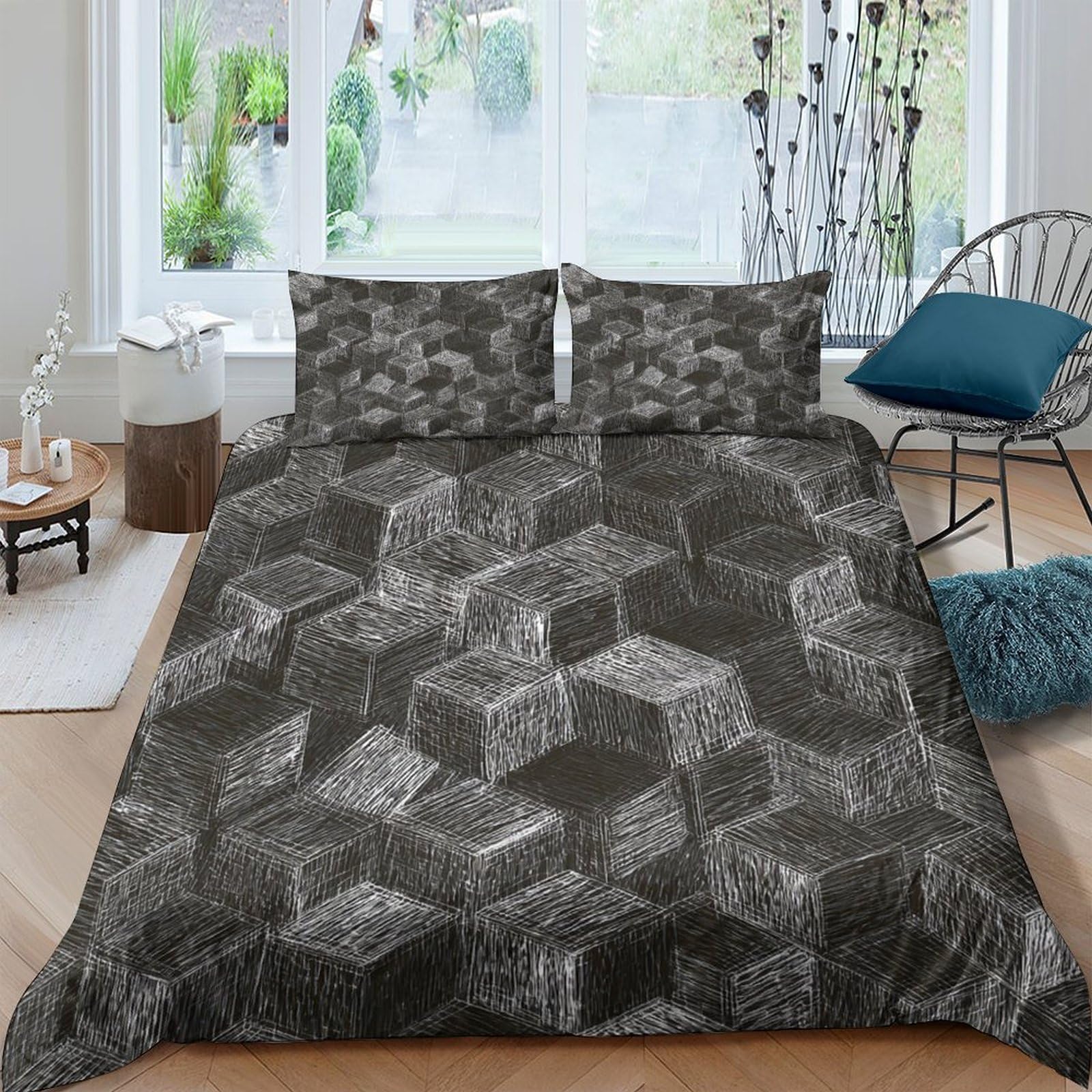 Ctjqhvkz Style-7 3D Printed Geometric Cube Fitted Sheet Microfiber Soft Black Grey Abstract Bed Cover Anti-Slip Bedroom Guest Room Decor Mattress Protection Single（135X200cm）