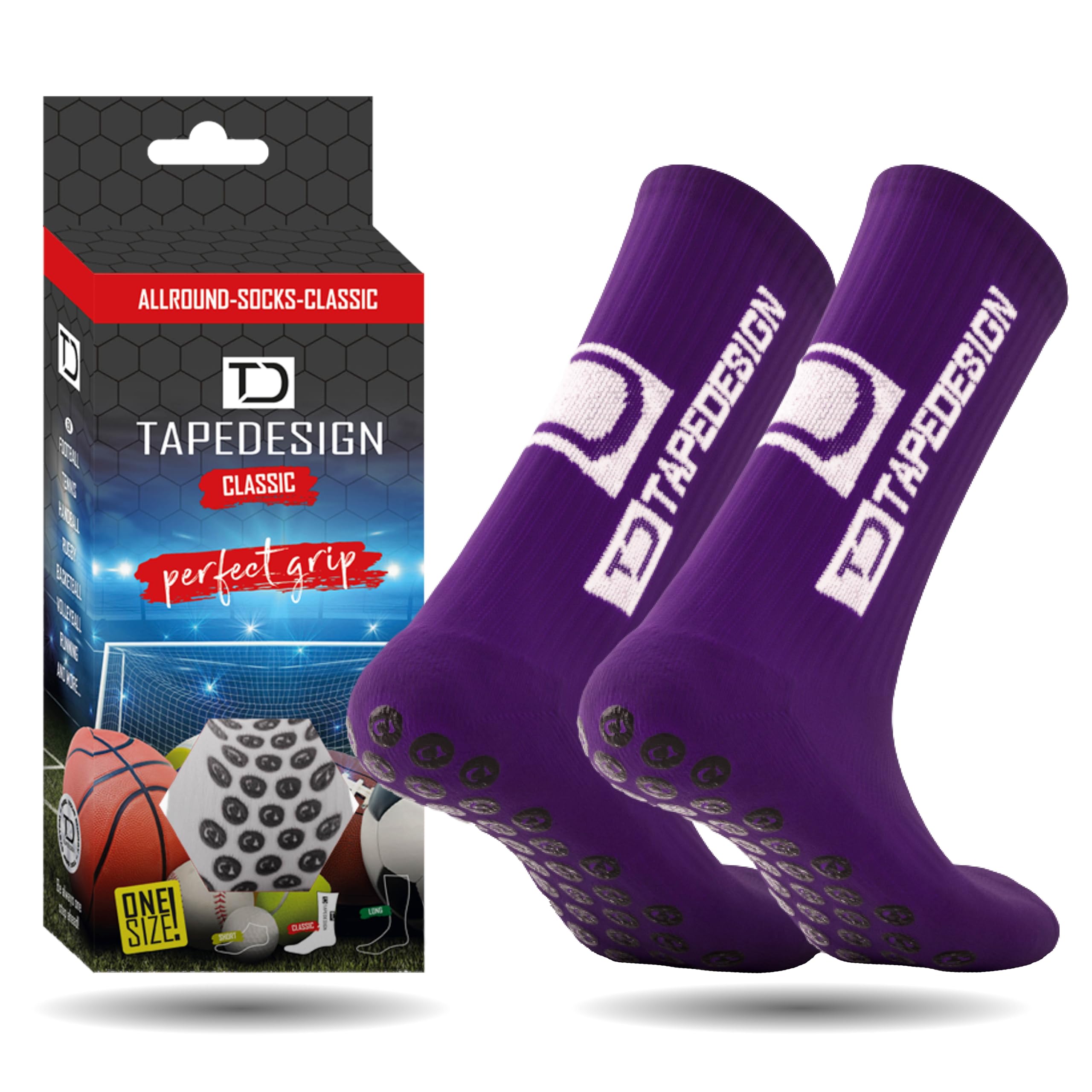Tapedesign - "Classic 1 Pair Non-Slip Football Grip Socks Purple (Size 5-14) for Men, Women & Kids - Soccer Socks for Adults & Youth (Unisex) - Anti-Slip Sport Socks for Basketball, Tennis & Running