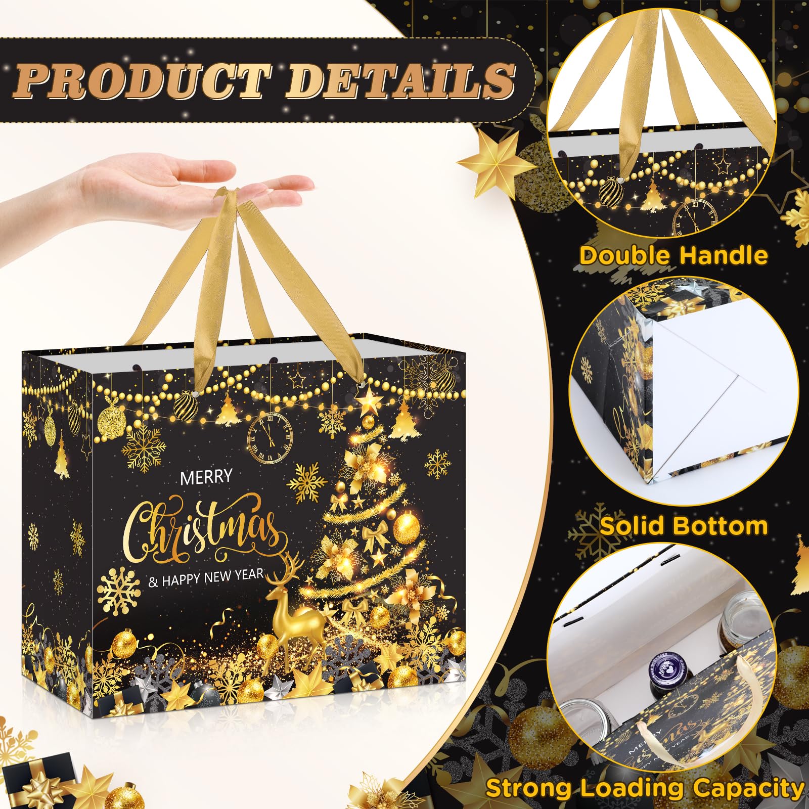 24PCS Christmas Kraft Paper Gift Bags - Black Gold Xmas Tree Design With Handles 5.9x8.3 Inch
