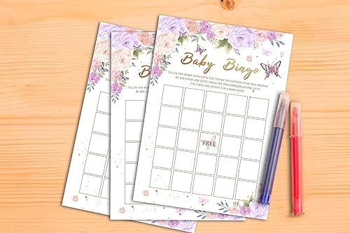 Miniatura 7 de Juego de baby shower para niñas, predicciones y consejos de bebé de mariposa morada para baby shower, decoración de fiestas de revelación de género,