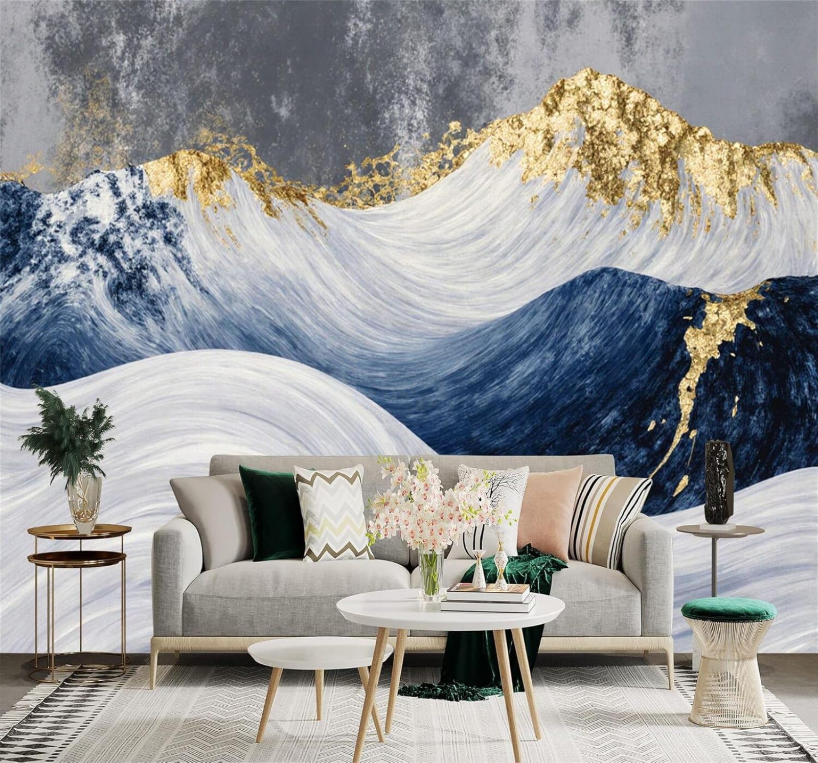 Tzxztt Abstract Blue Waves Golden Mountains Texture Art Modern 3D Wallpaper Premium Textured Silk Neutral Tones Material Ideal for Living Room Bedroom-200cm×140cm