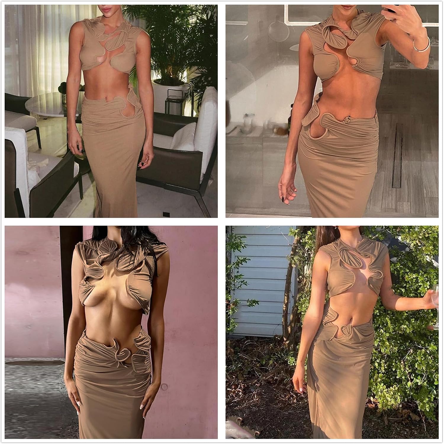 Women Sexy Two Piece Summer Outfit Creative Hollow Out Sleeveless Mock Neck Crop Tops and Long Skirt Set