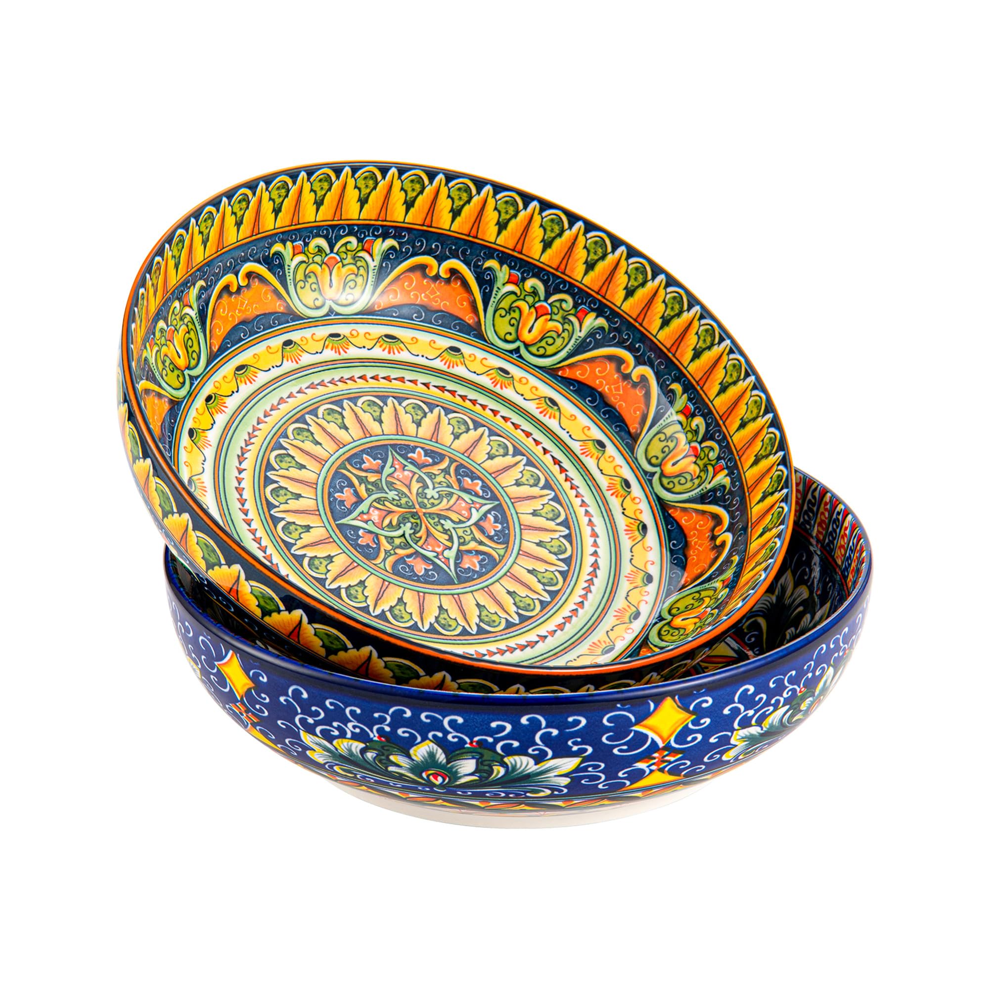 Henten Home Pastateller, Suppenteller/Tiefteller Set 2er, 1500ml Buntes Salatschüsseln für Suppe, Nudel, Spaghetti, Pasta, Salat - Serie Mylo, Boho Stil