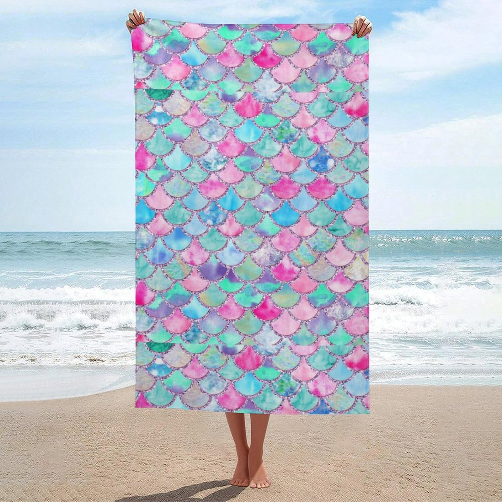 LEDFCVSU Beach Towel, Rainbow Watercolor Scales of Mermaid Bath Towel, Absorbent Towel for Swimming, Sports, Travel