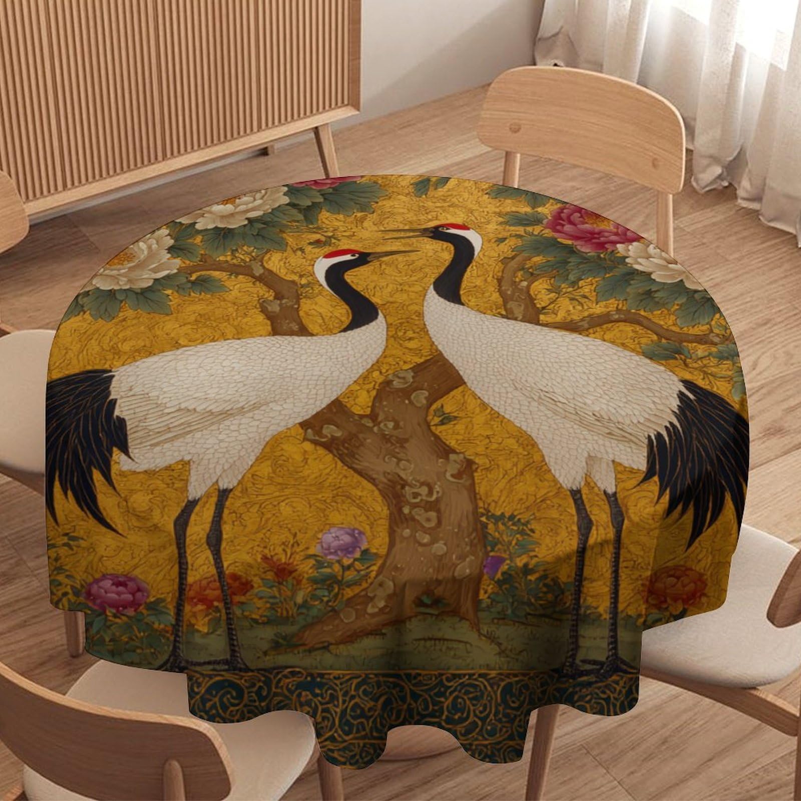 LUYYSKY Classic Beautiful Animals Crane Round Tablecloth Vintage Japanese Plants Peony Flowers Animals Crane Pattern Washable Decor for Table Cover for Kitchen-177.8" Wx177.8 L cm