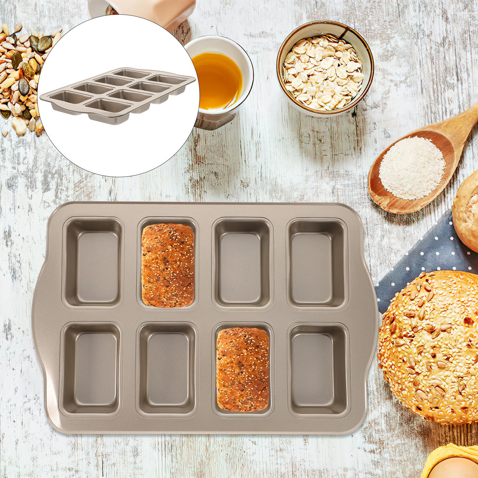 SHINEOFI Stampo per Torta in Acciaio al Carbonio 8 Fori Antiaderente, Mini Teglia da Forno Rettangolare per Pane e Plumcake, Teglia Lavabile per Colazione, Picnic e Preparazioni Dolci