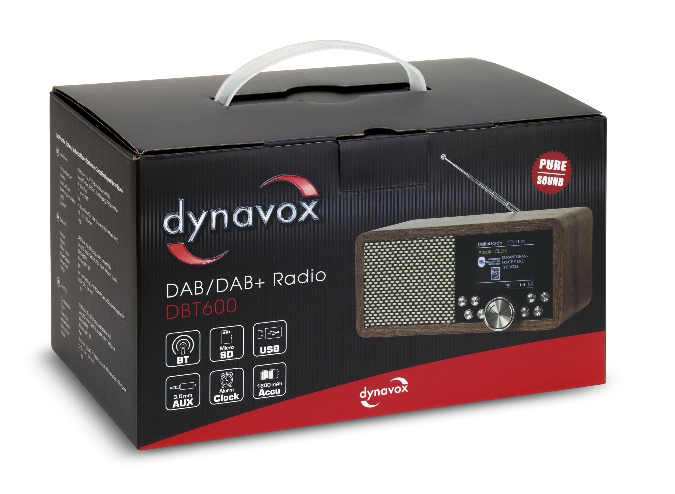 Dynavox DBT600 DAB+ Radio/digitale FM, portatile, ideale come radio da cucina/bagno/ufficio, sveglia, BT, display TFT, funzionamento a rete o batteria, USB/Micro-SD, decorazione in legno marrone