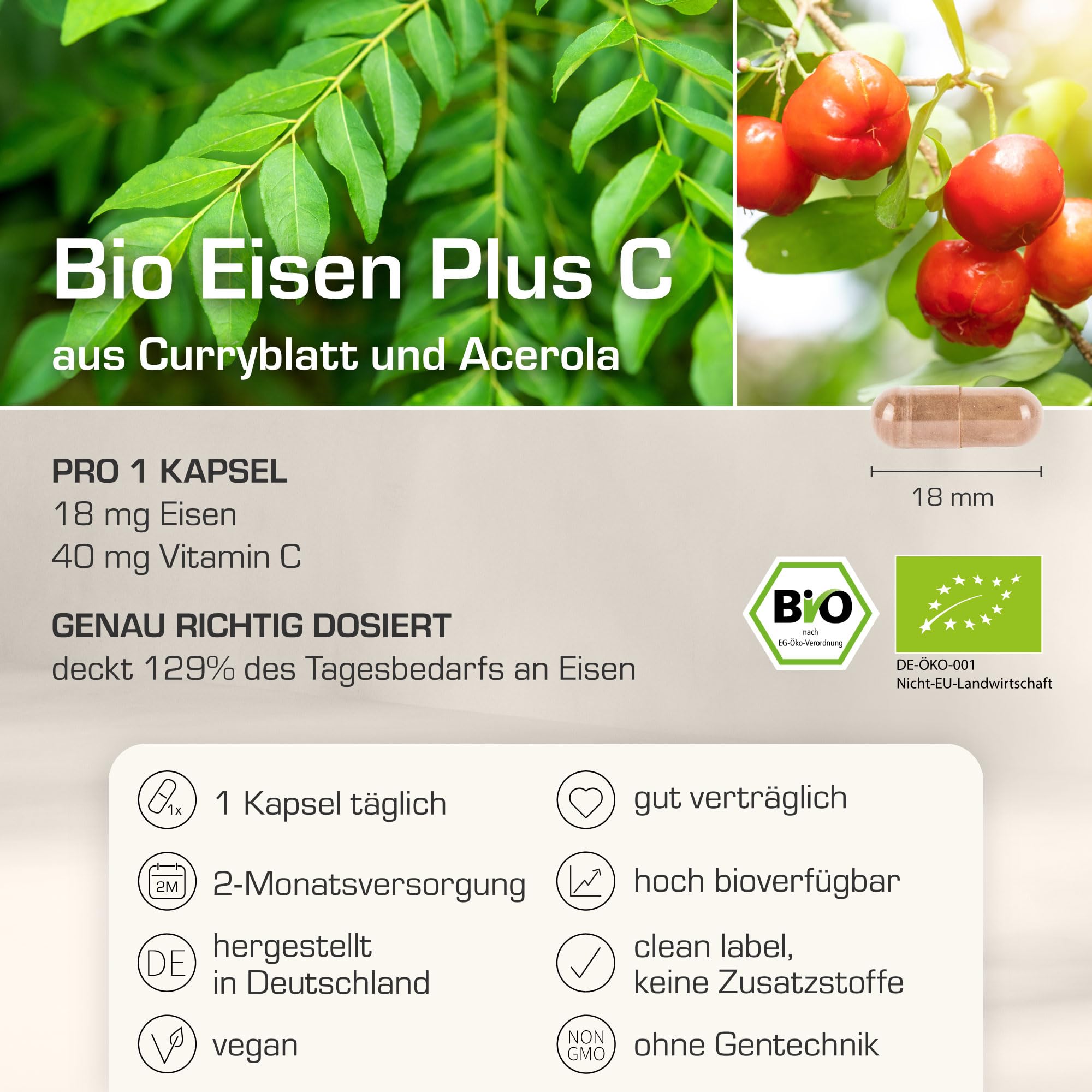 Purabyo BIO Eisen aus Curryblatt mit 40 mg natürlichem Vitamin C aus BIO Acerola | im Glas | 18 mg Eisen mit 129% NRV | Nur 1 Kapsel täglich | vegan, laborgeprüft und in Deutschland hergestellt