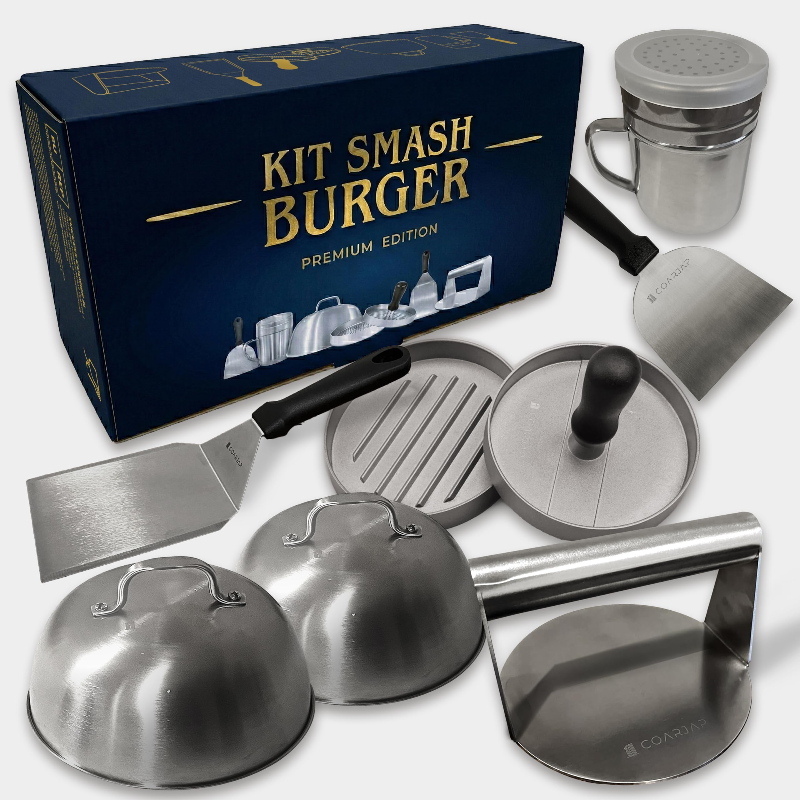 Smash Burgerpresse Set Premium - 7-teilig - Burger Smasher Set Grill aus Edelstahl 304-2 Burgerglocken, Grillspachtel Set, Gewürzstreuer + 60 Antihaftpapier - Grill Zubehör Burger