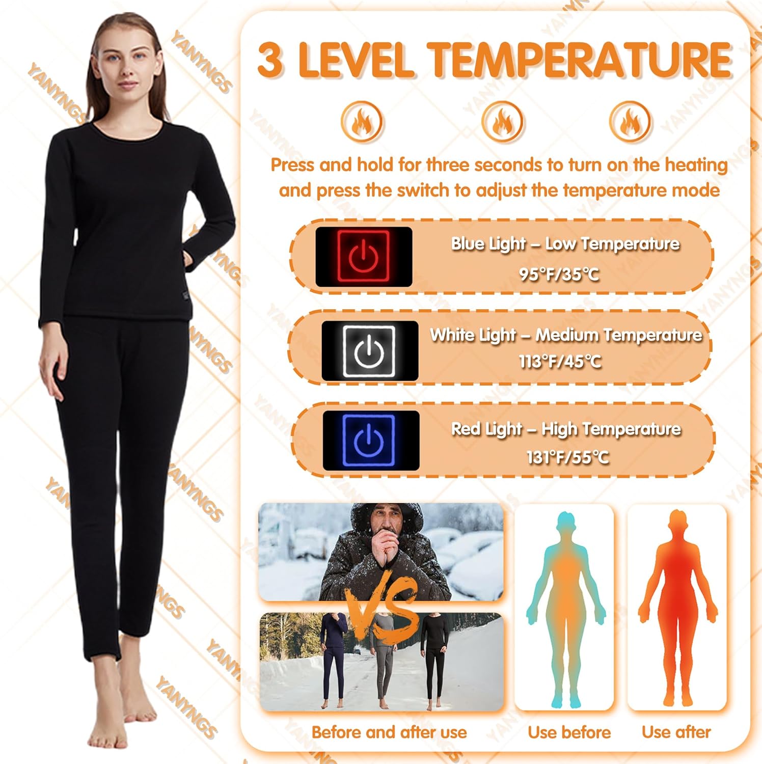 Heating Underwears for Women, Electric Thermal Baselayer Top and Bottoms, Heated Long Johns Set for Skiing Camping