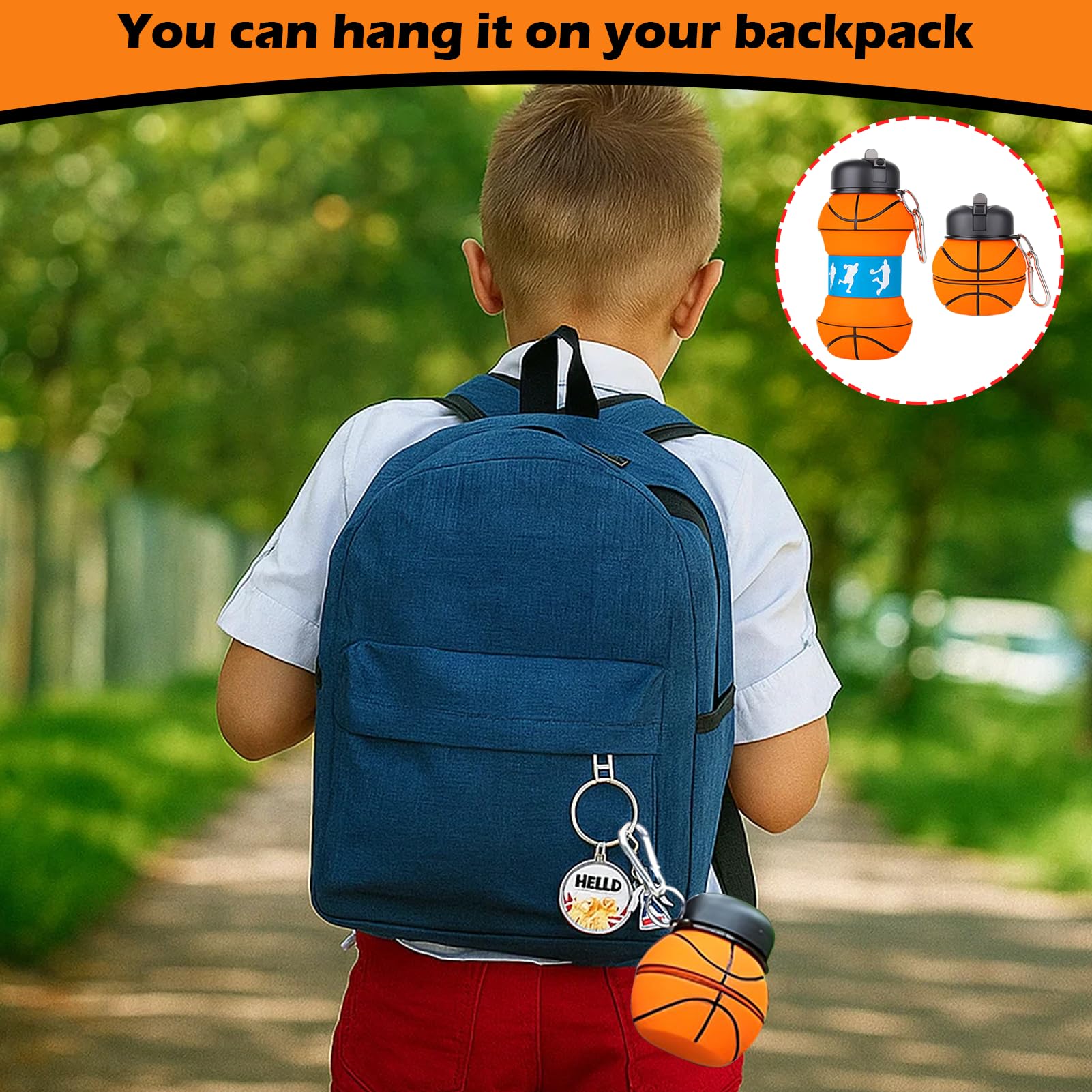 Botella de Agua Plegable de Baloncesto - Botella de Silicona sin BPA, 550ml, Ideal para Deporte y Viaje, Diseño Compacto y Reutilizable (Naranja)