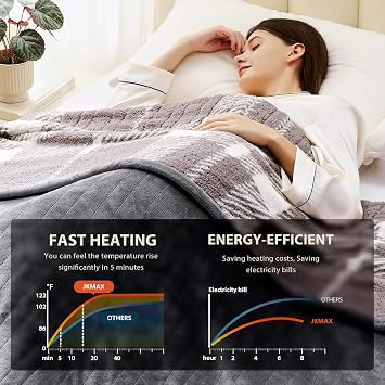 JKMAX Heated Electric Blanket Full Size - 72x84 Flannel Heating Blanket with 10 Heating Levels & 5 Time Settings Over-Heat Protection, Winter Warmer for Adults with ETL Certification(Grey)