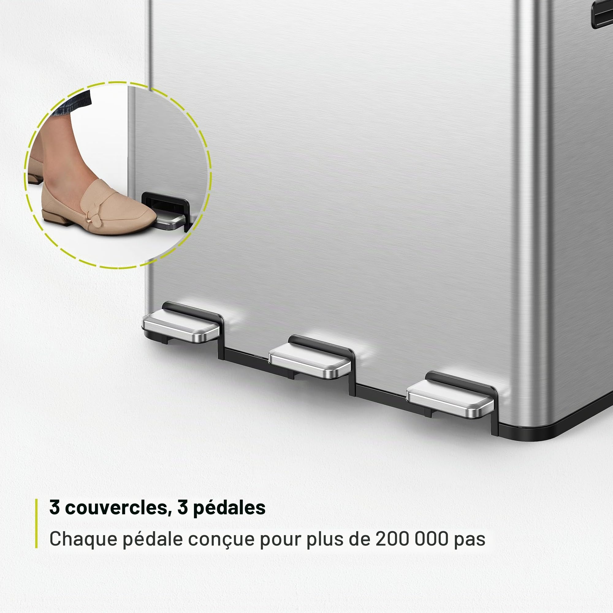 EKO Essential Poubelle à 3 compartiments, 3 x 20 l, système de tri sélectif, poubelle de cuisine, avec 20 sacs poubelles, grande capacité avec couvercle, fermeture douce et hermétique, en acier