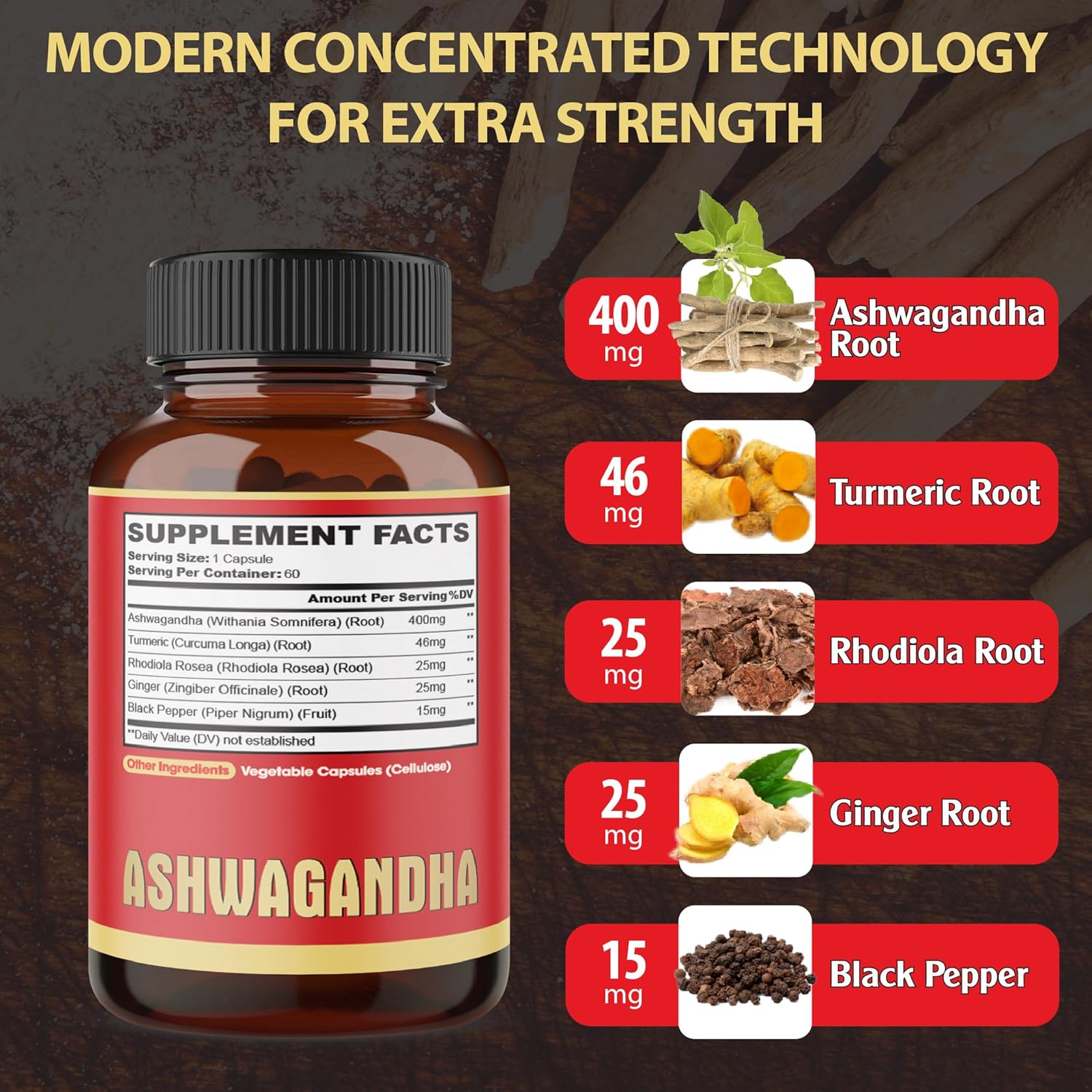 2 Packs - 60 Capsules Ashwagandha Capsules - High Concentrated - 5in1 Formula Ashwagandha, Turmeric, Rhodiola Rosea, Ginger, Black Pepper - 4 Month Supply - Image 2