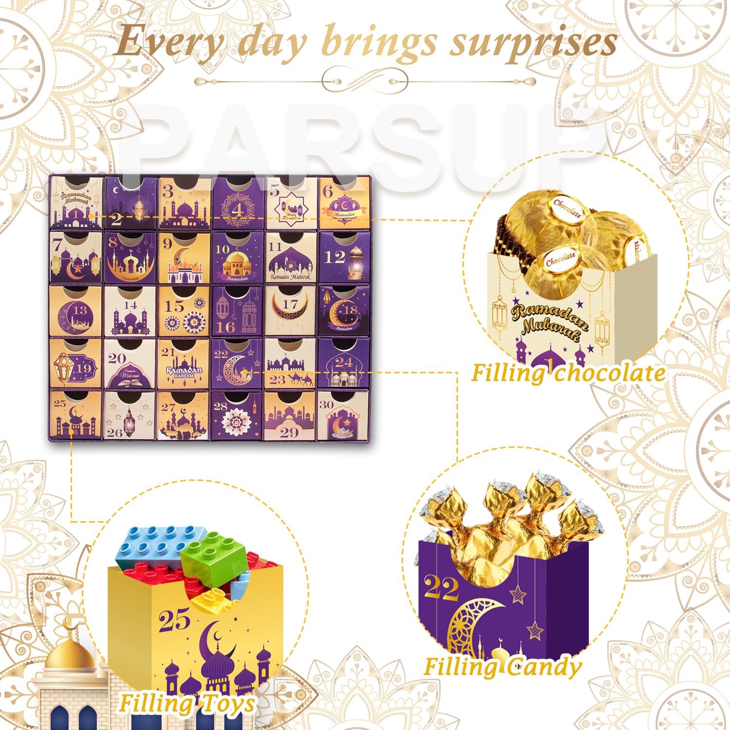 Ramadan Advent Calendar with Drawers, 30 Empty Boxes for 30 days, Eid Mubarak Coutdown Calendar Fillable Ramadan Gift, Islamic Art, Cardboard Number Storage Box, Ramadan Party Supplies - Purple