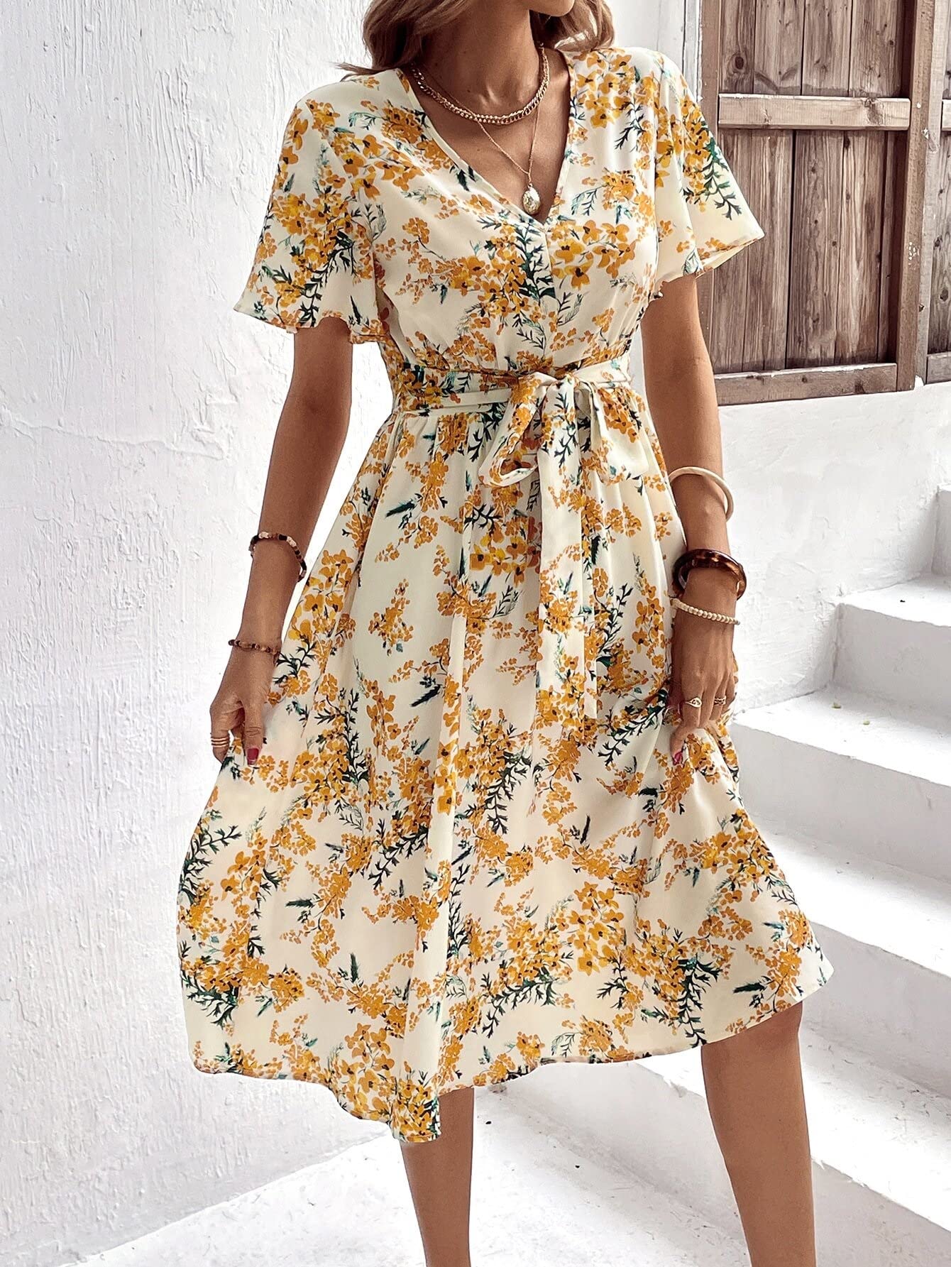 Amazon.com: Women's Dresses Midi Dresses for Women Allover Floral Print Butterfly  Sleeve Belted Dress midi Dresses for Women Dress for Women(X-Small) :  Clothing, Shoes & Jewelry