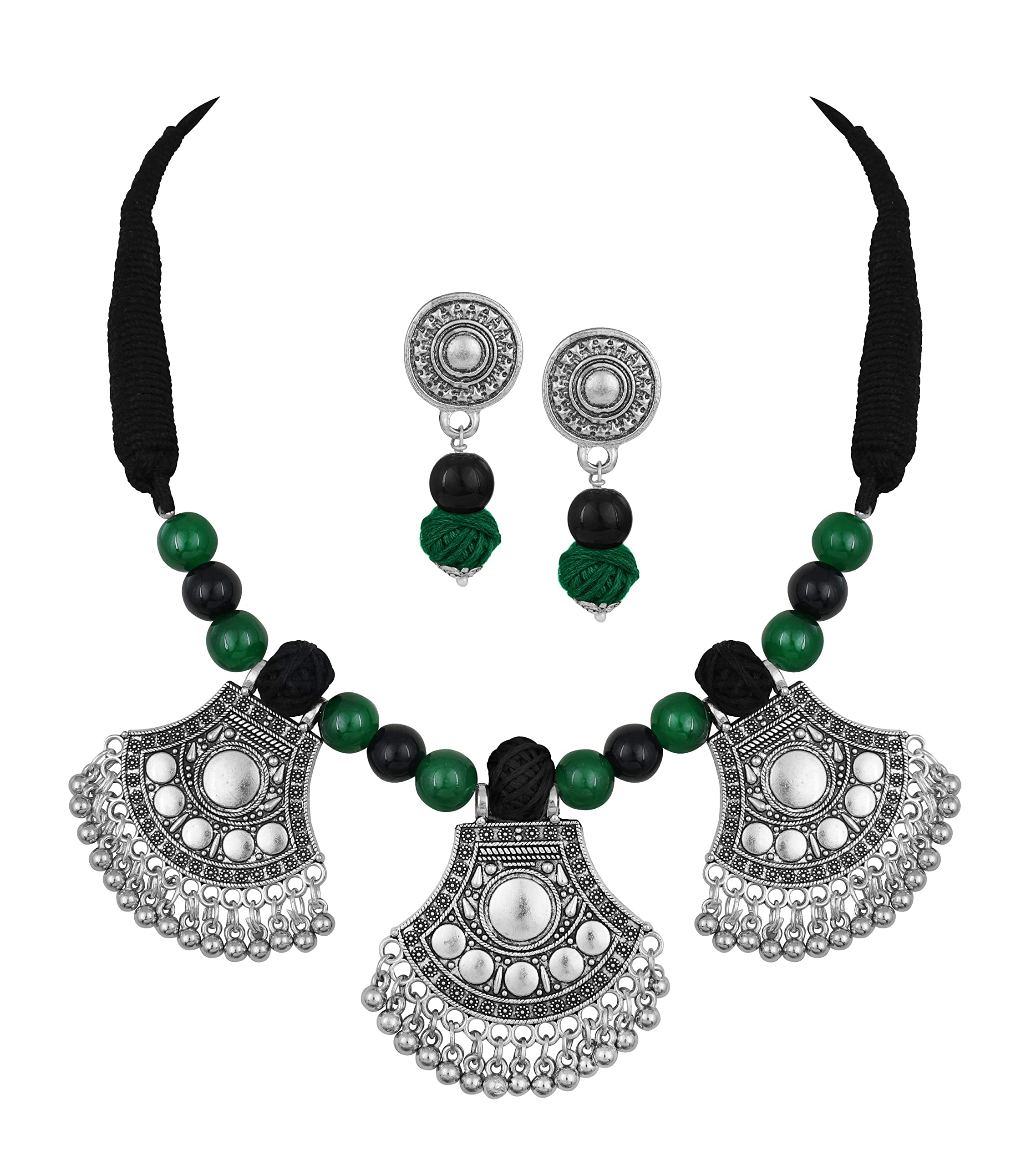 JFL - Jewellery for Less Latest Fashion Silver Oxidized Design Pendant Beaded with Cotton Ball Handcrafted Necklace Set with Adjustable Thread Women & Girls(Black, Green) (B0DG5R6MJT) Amazon Price History, Amazon Price Tracker
