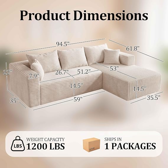Boneless Couch, 94 L Shaped Modular Sectional Cloud Sofa for Living Room