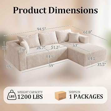 Boneless Couch, 94 L Shaped Modular Sectional Cloud Sofa for Living Room
