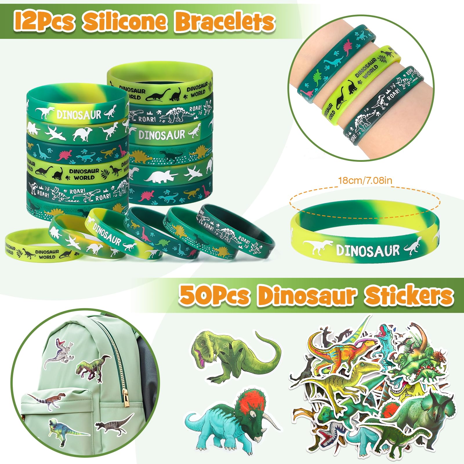 SNLN Dinosaurier-Partygeschenke für Kindergeburtstag, Lupe, leuchtender Schlüsselanhänger, Dino-Ei, Aufkleber, Dinosaurier-Partyzubehör mit Skelett-Spielzeug, Silikon-Armband und Geschenktüte